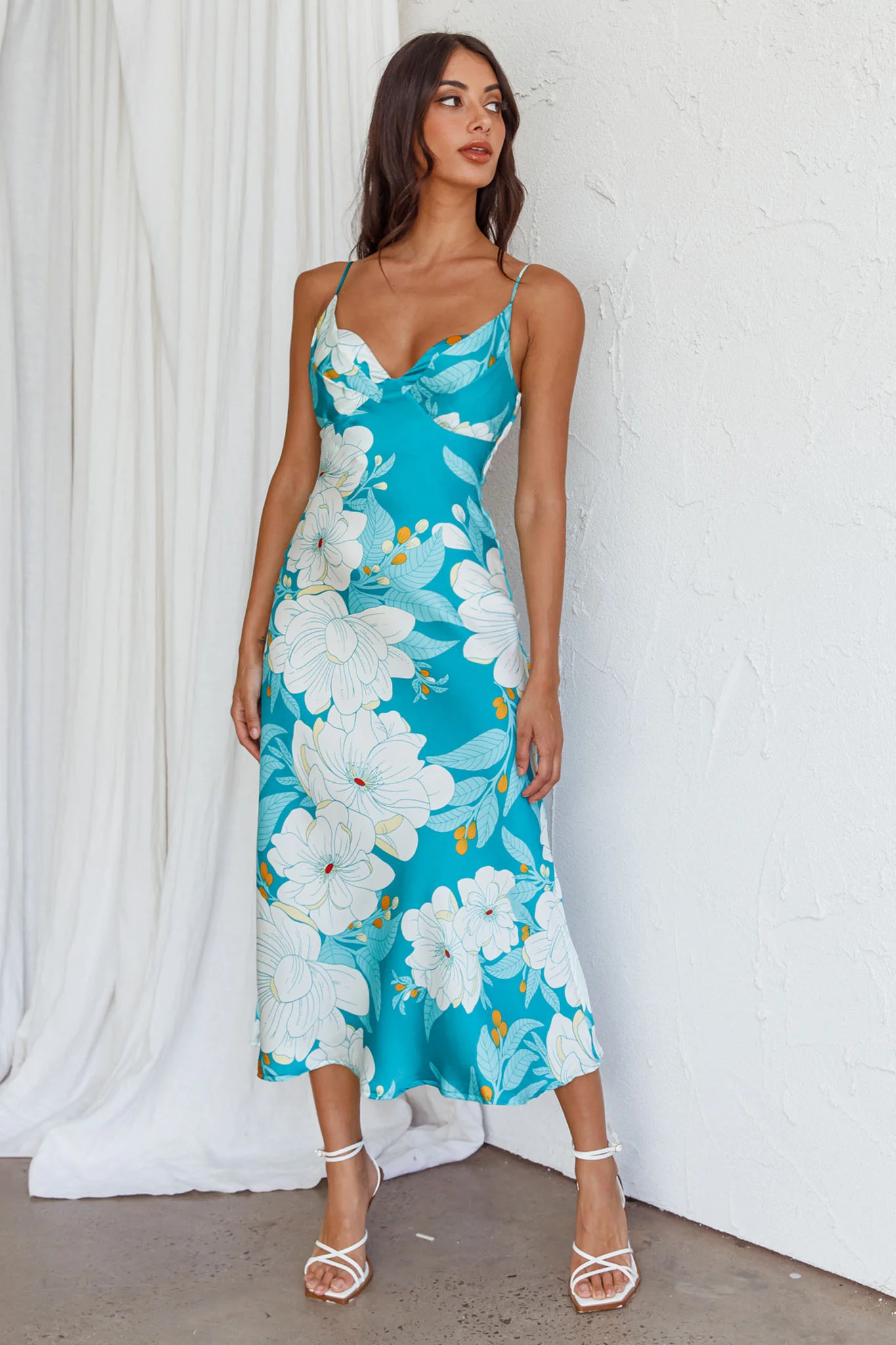 Infinity Pintuck Bust Midi Dress Flower Teal - Image 2