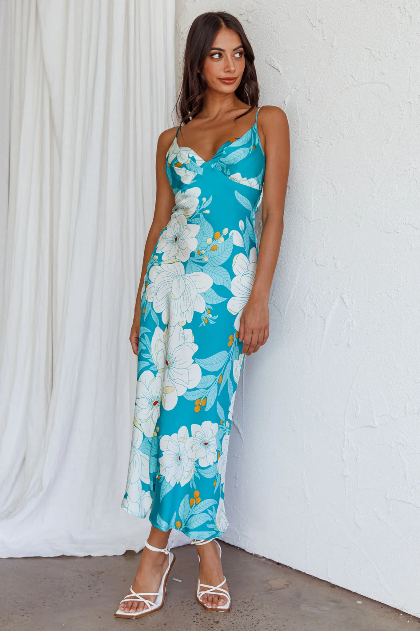 Infinity Pintuck Bust Midi Dress Flower Teal - Image 6