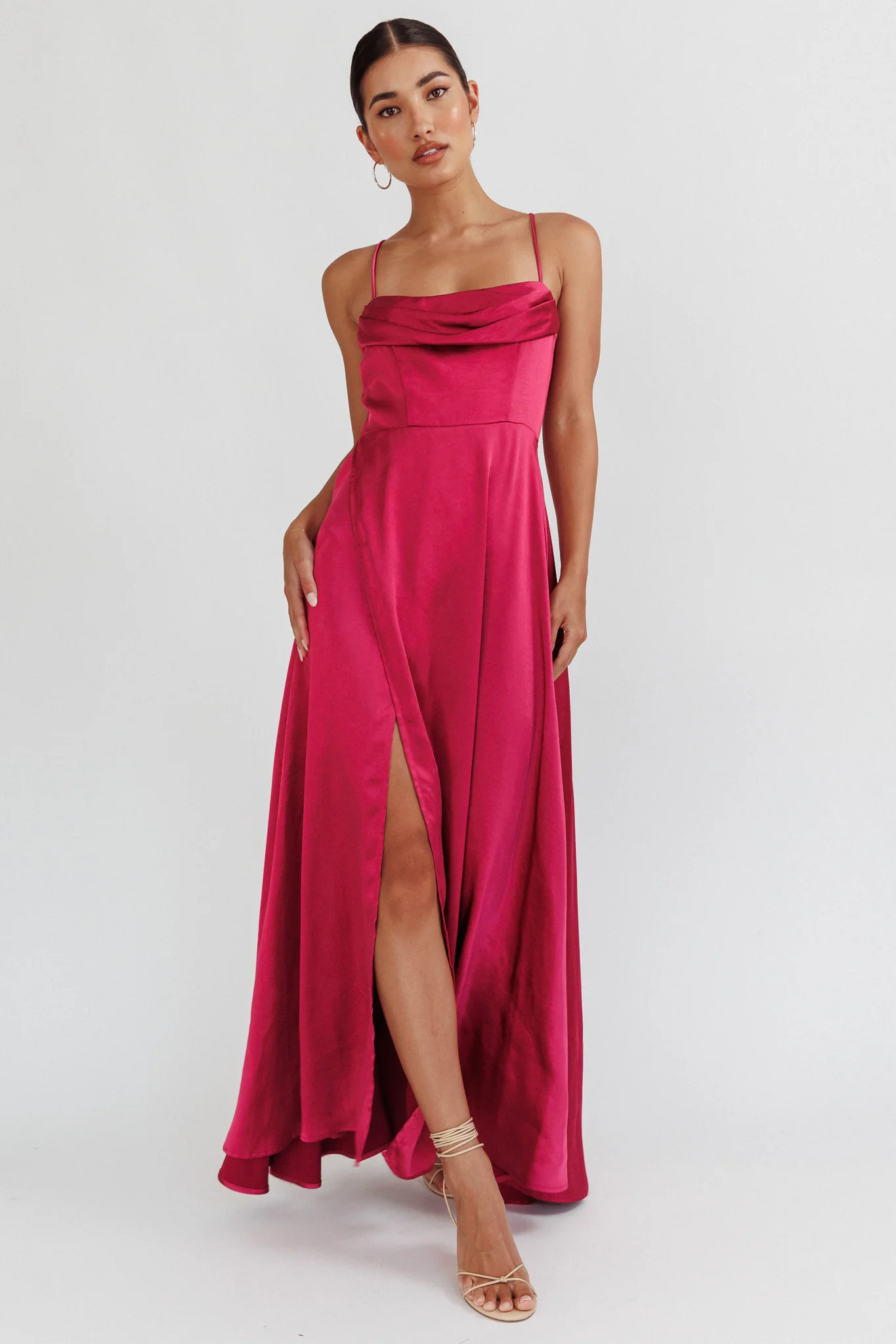 Inner Light Gathered Bust Split Maxi Dress Wine - Image 2
