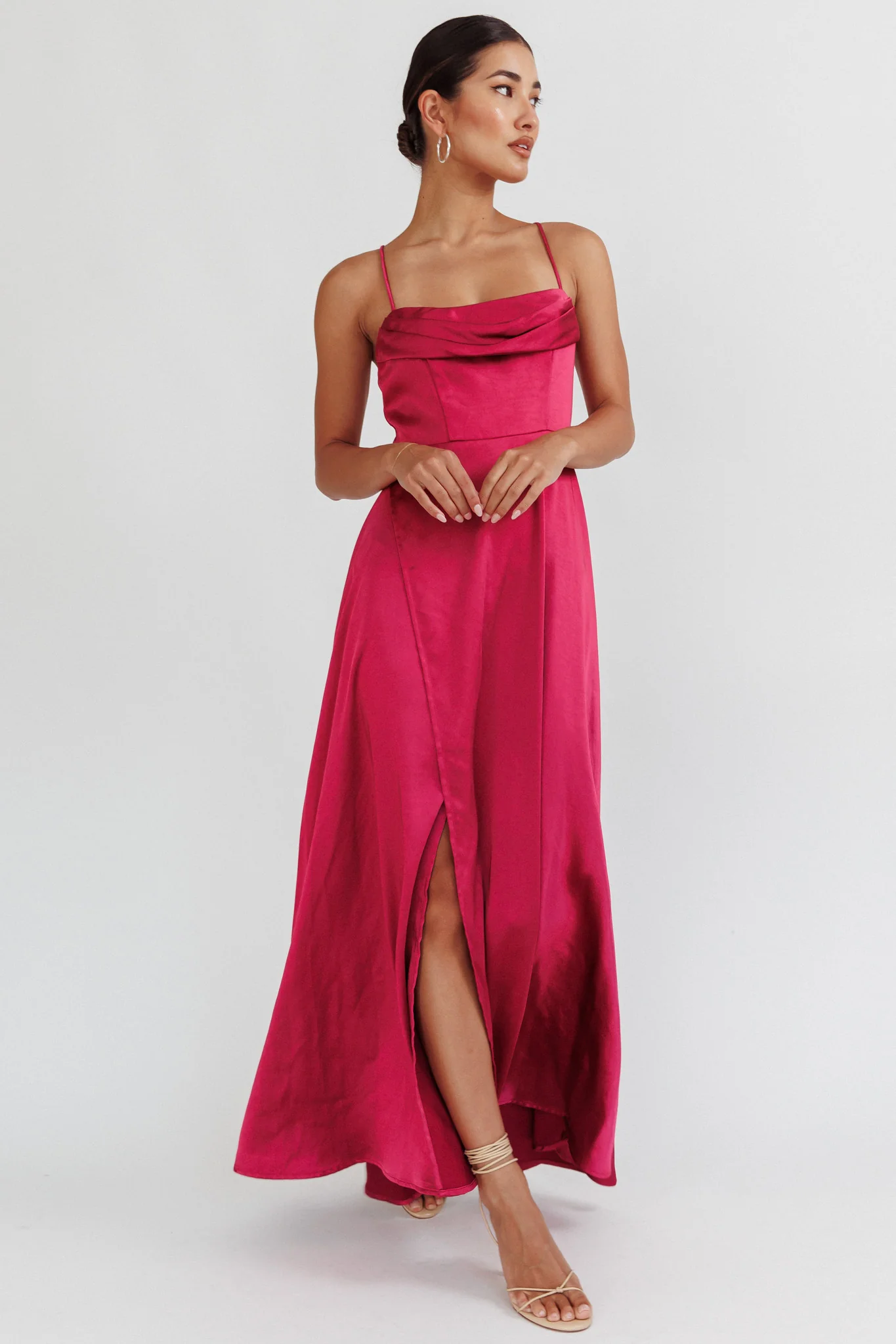 Inner Light Gathered Bust Split Maxi Dress Wine - Image 3