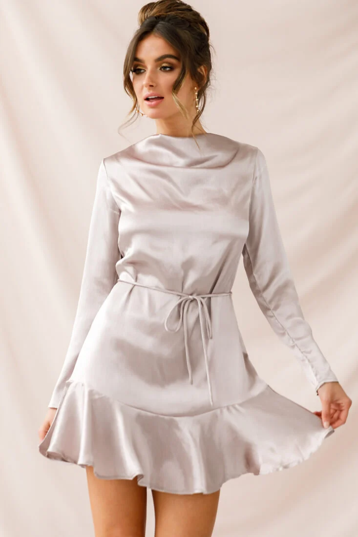 Interstellar Ruffle Hem Long Sleeve Dress Champagne - Image 2