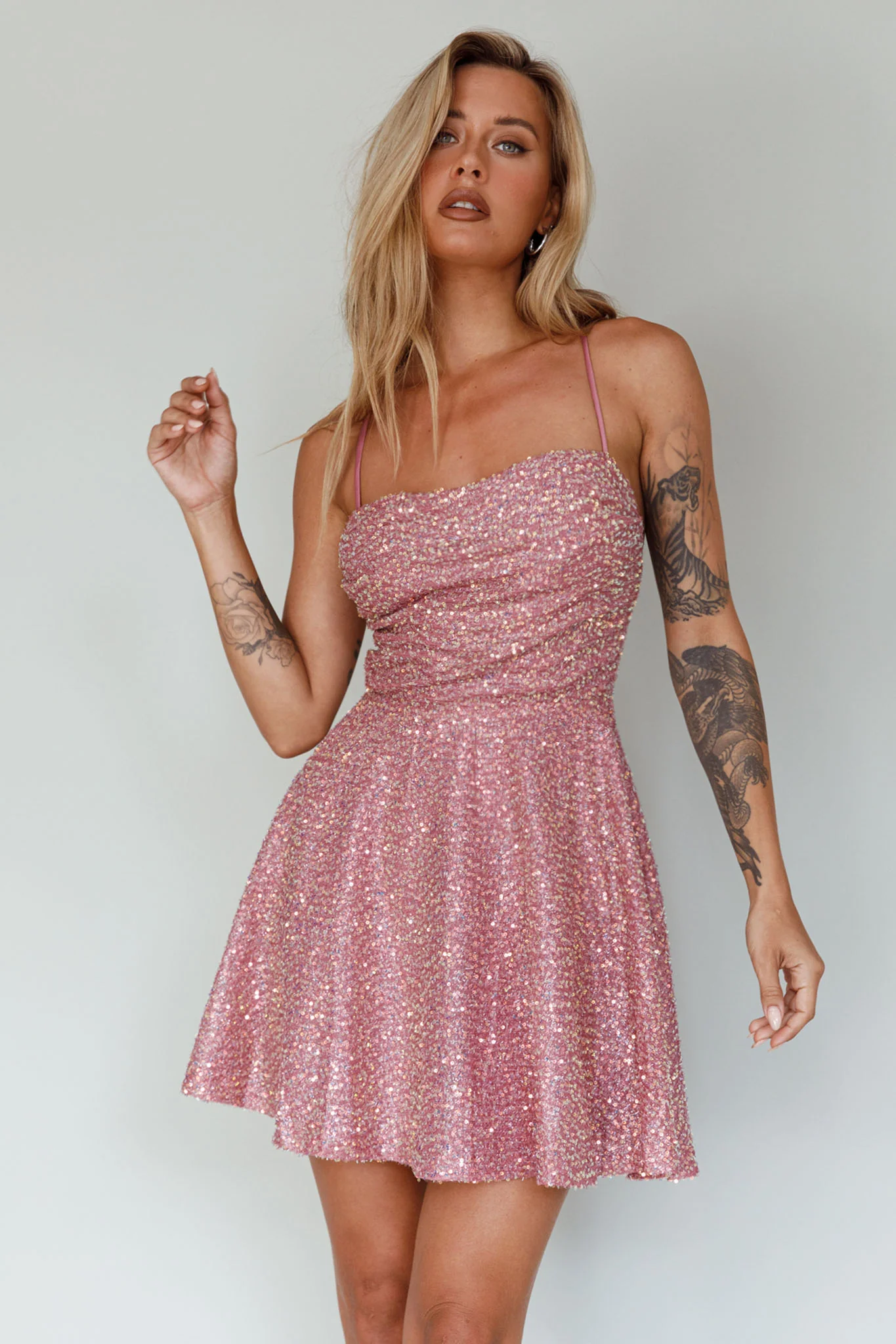 Into The Night Tied Back Sequin Dress Mauve - Image 5
