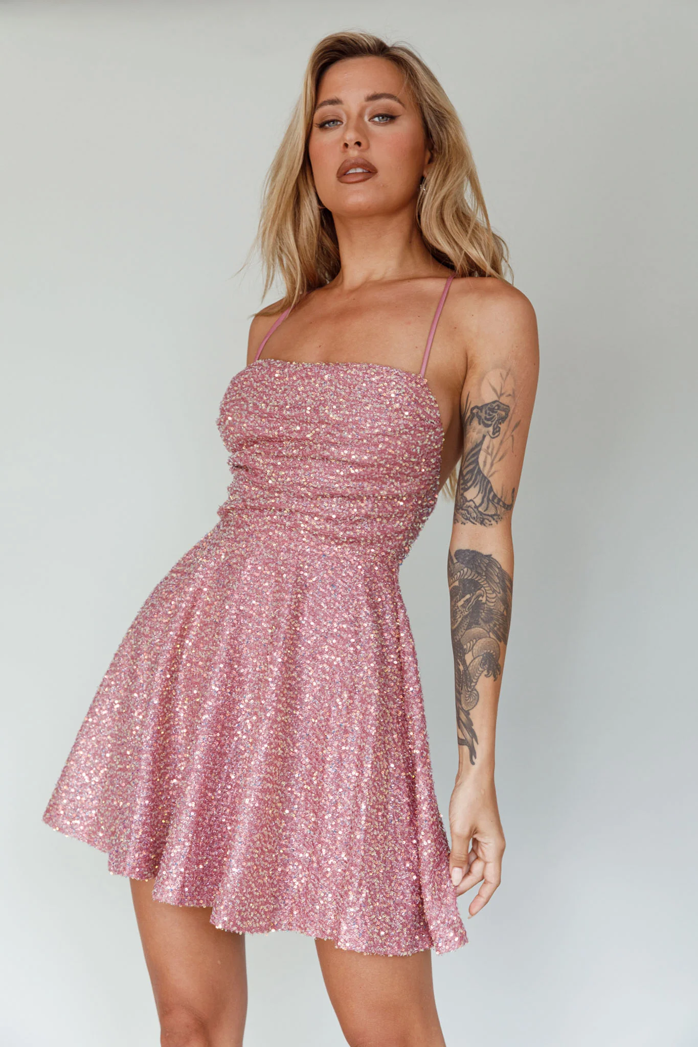 Into The Night Tied Back Sequin Dress Mauve - Image 6