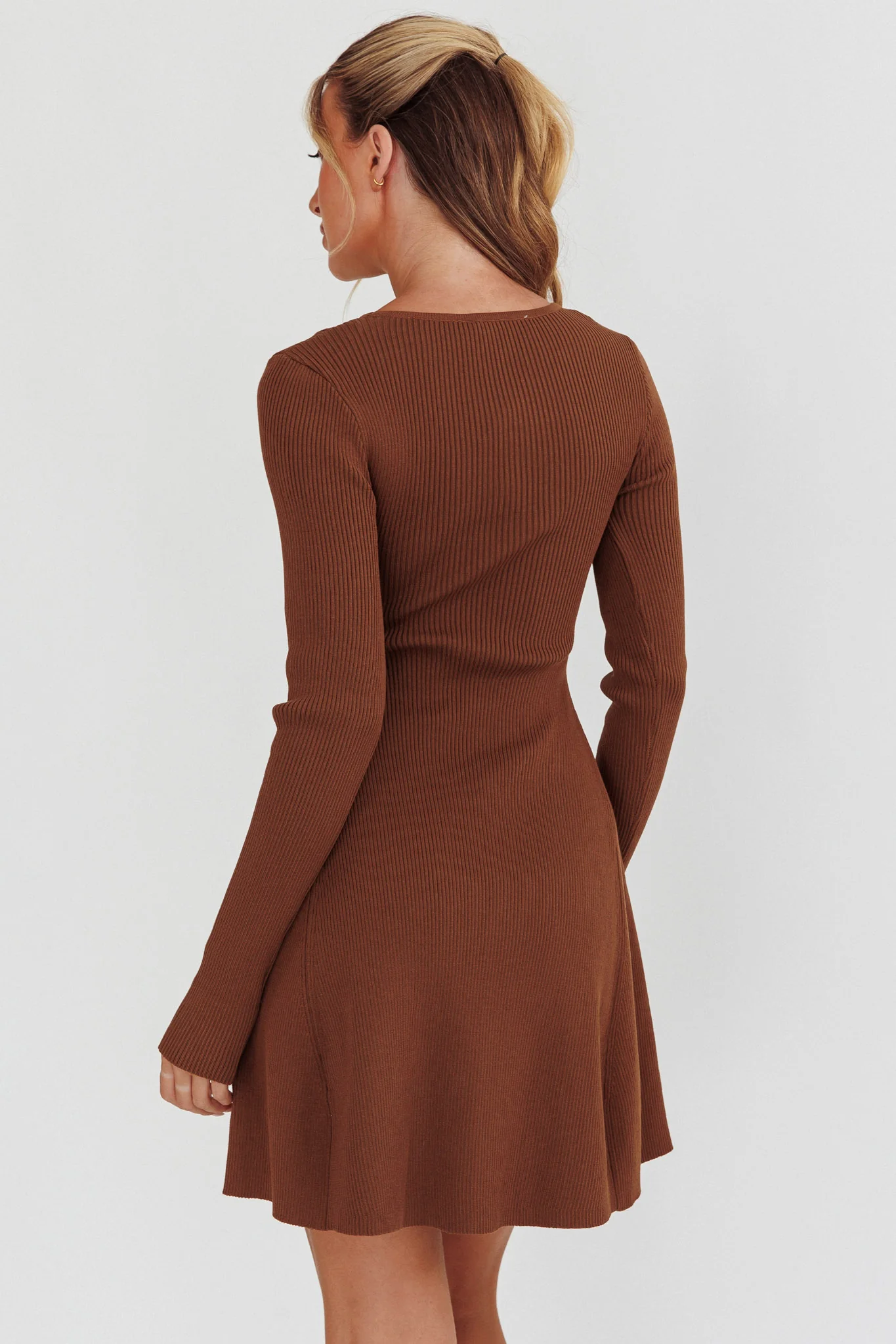 Intuitions Long Sleeve Ribbed Knit Dress Chocolate - Image 2