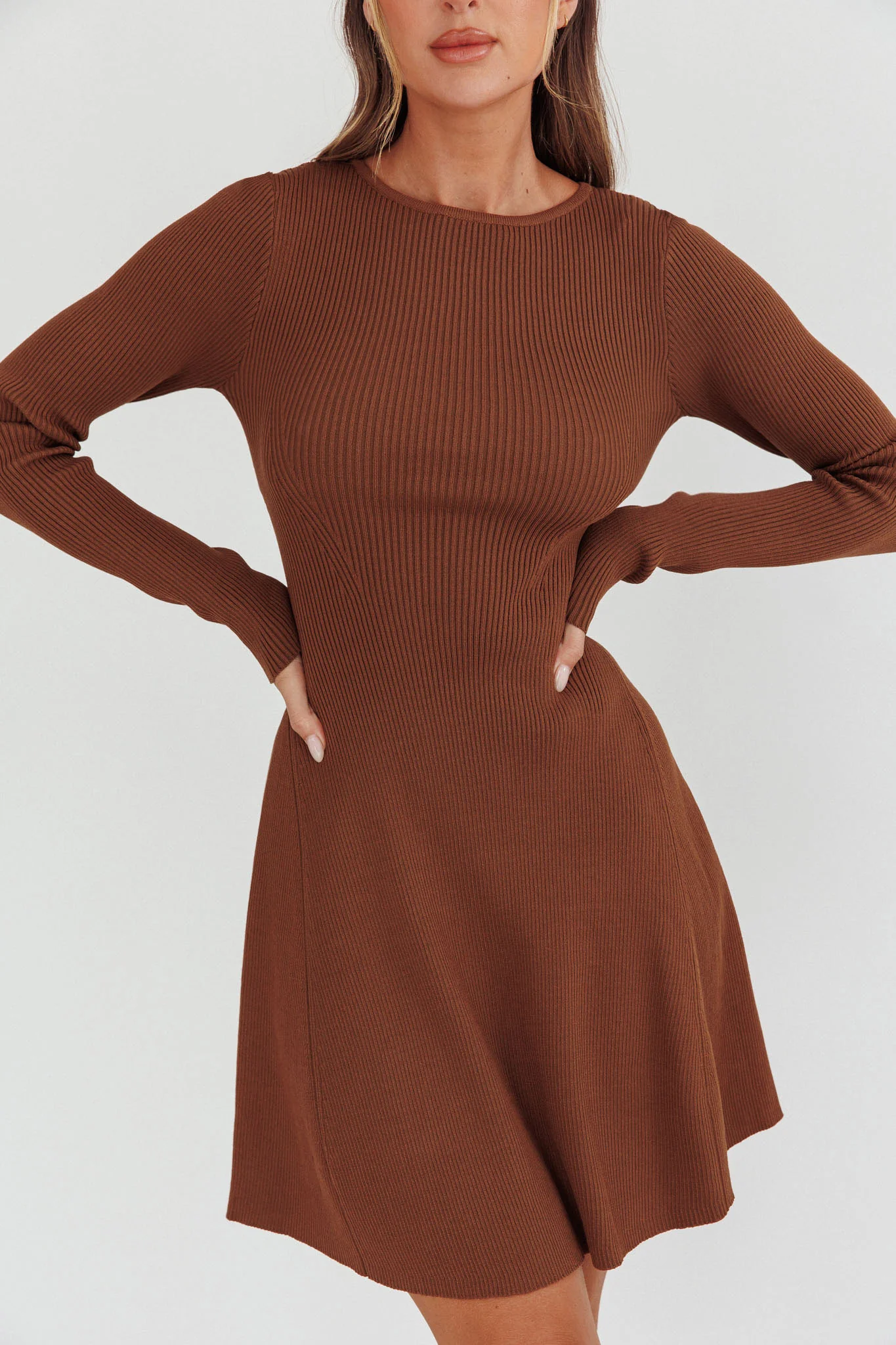 Intuitions Long Sleeve Ribbed Knit Dress Chocolate - Image 4