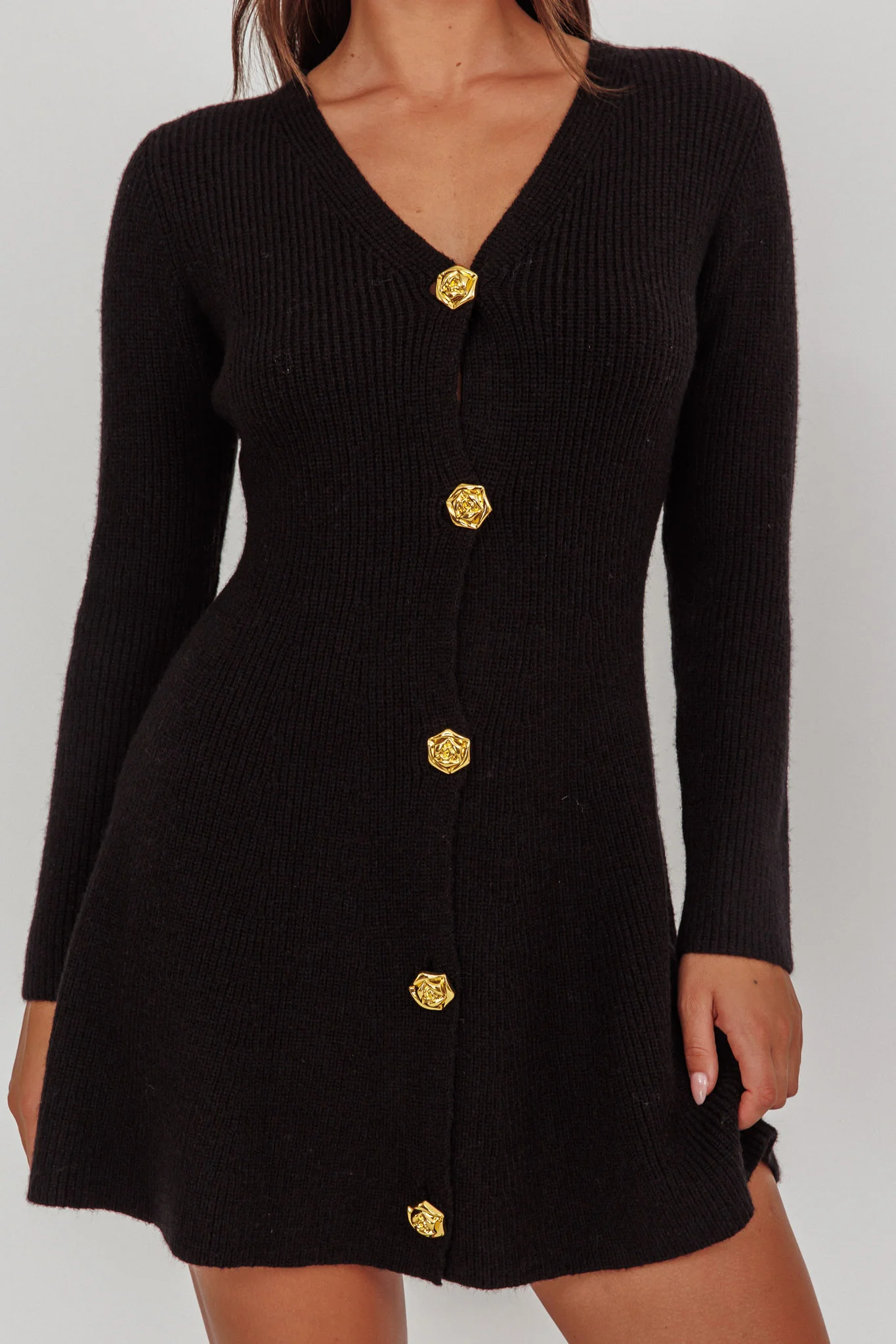 Irma Gold Button Knit Mini Dress Black - Image 3