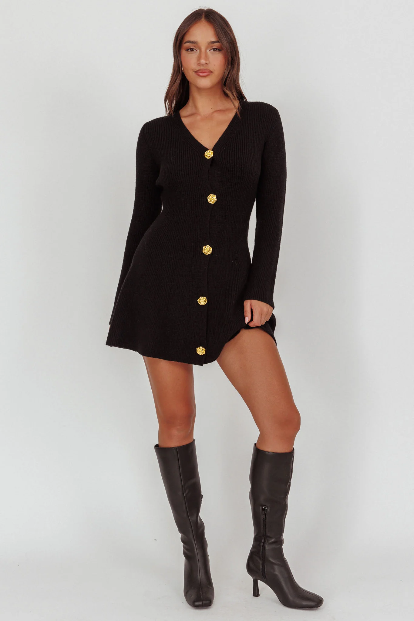 Irma Gold Button Knit Mini Dress Black - Image 4