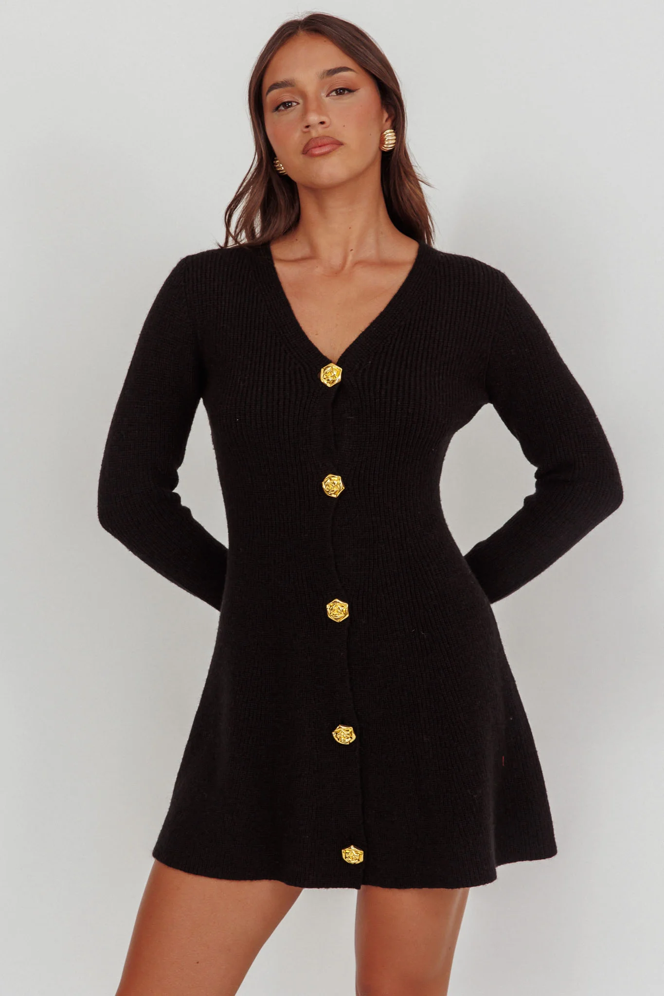 Irma Gold Button Knit Mini Dress Black - Image 5