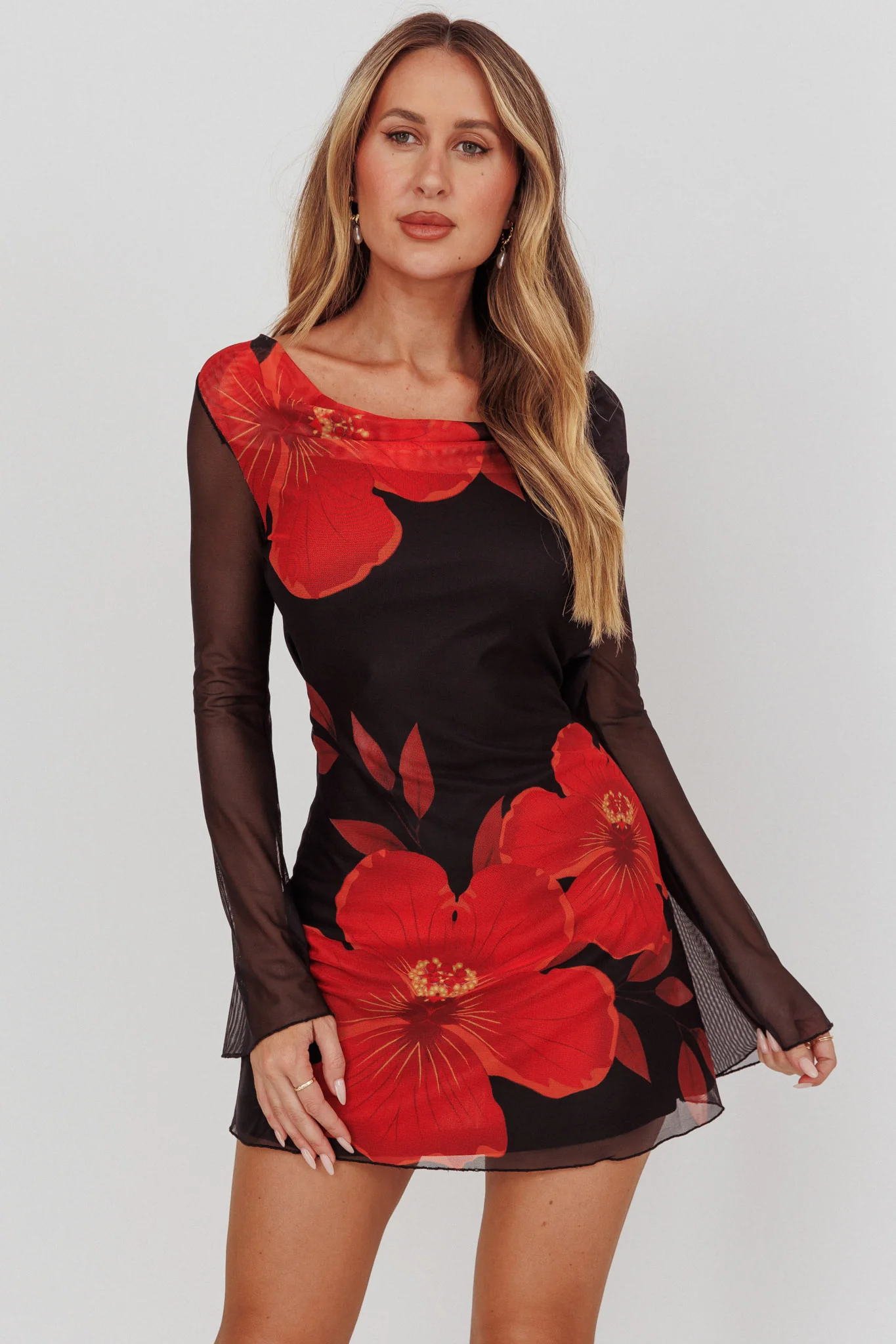 Isabella Long Sleeve Backless Mini Dress Hibiscus Black - Image 6
