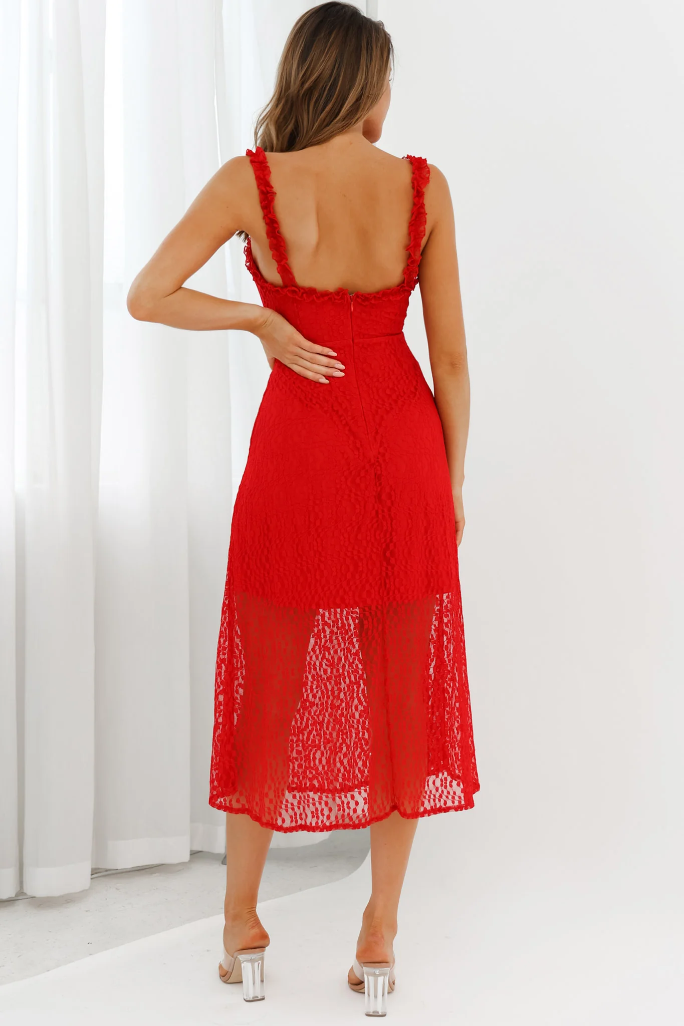 Isadora Mesh Overlay Frill Trim Neckline Midi Dress Red - Image 2