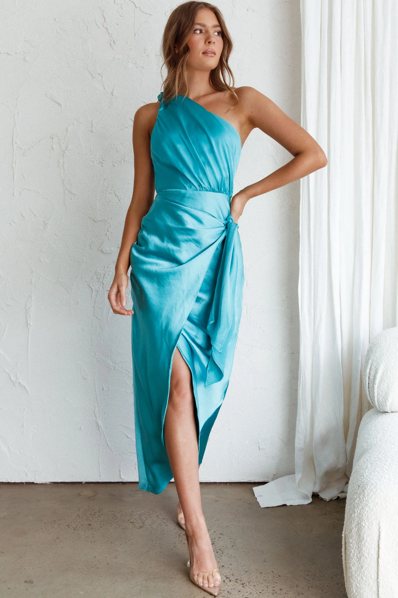 Island Time One-Shoulder Midi Dress Satin Aqua - Image 9