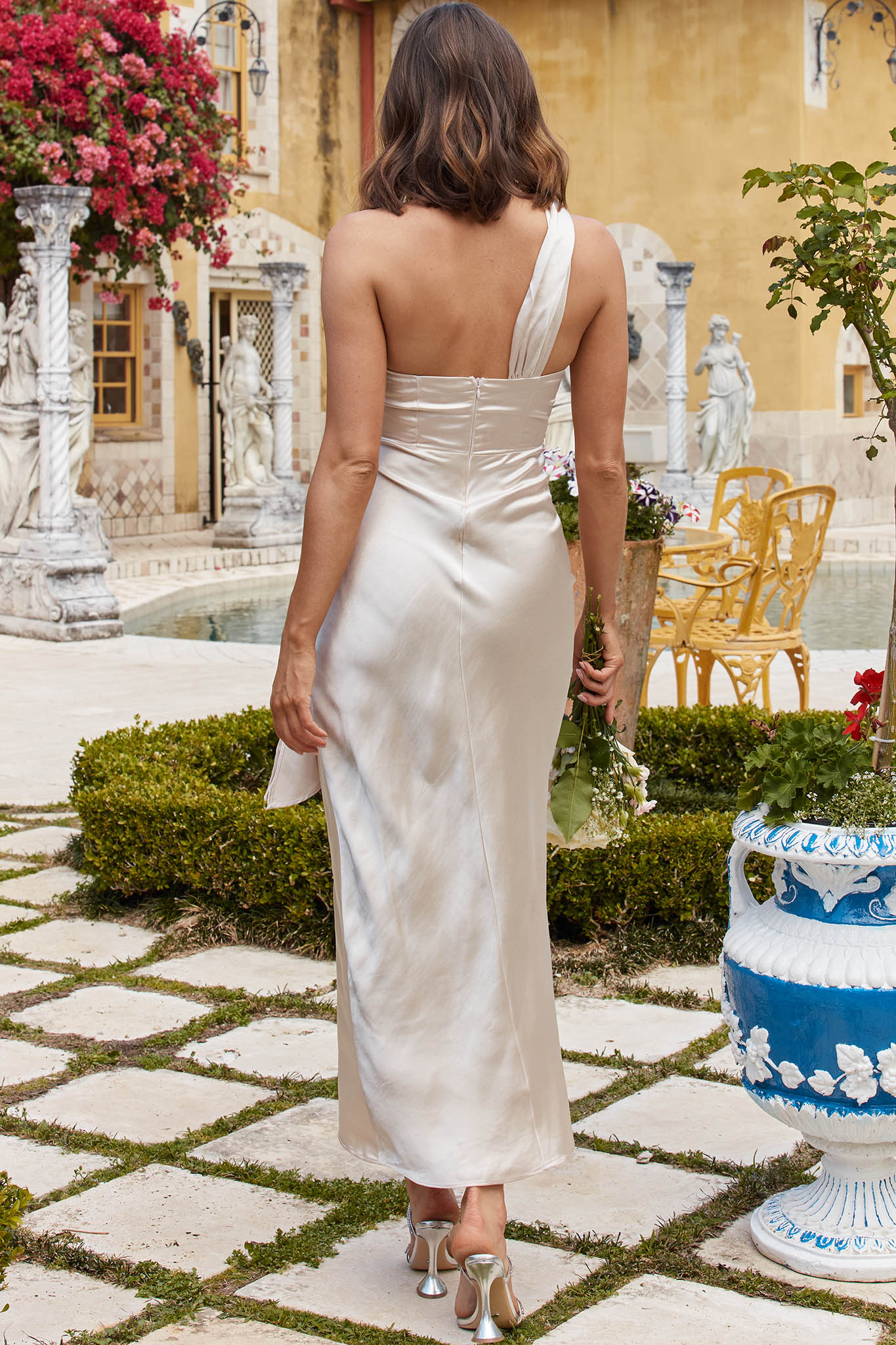 Island Time One-Shoulder Midi Dress Satin Champagne - Image 3