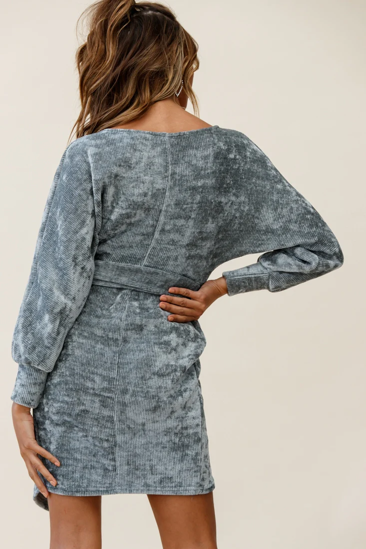 Isolde Ribbed Velour Wrap Dress Grey - Image 3