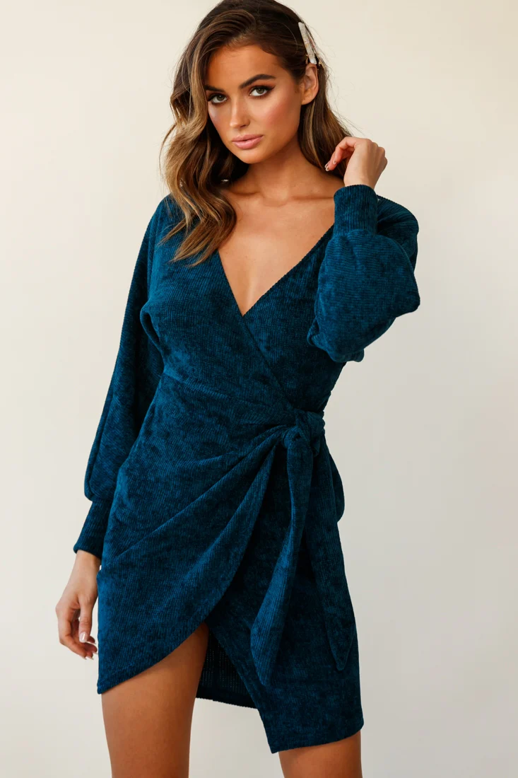 Isolde Ribbed Velour Wrap Dress Teal - Image 2