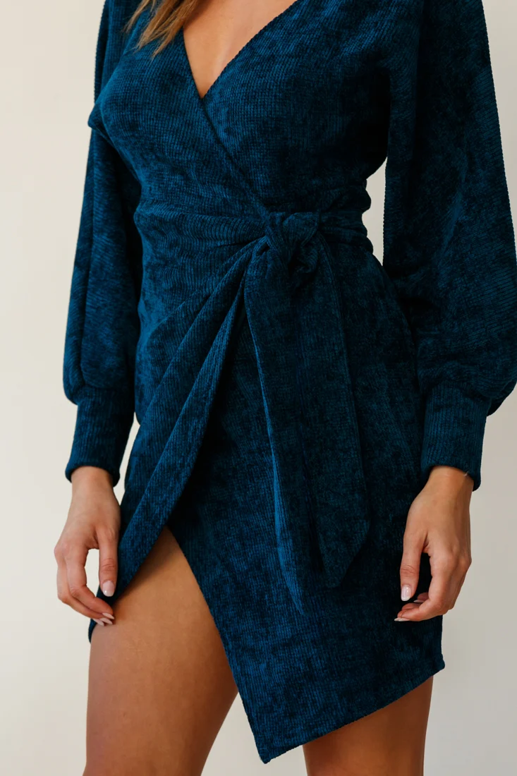 Isolde Ribbed Velour Wrap Dress Teal - Image 4