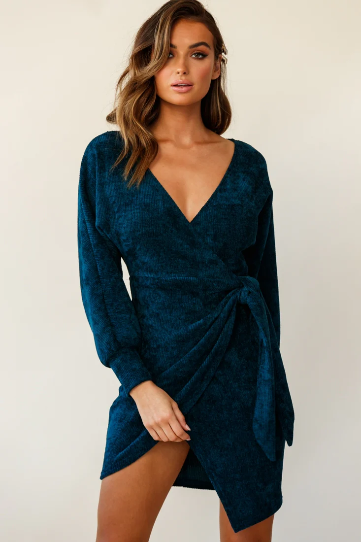 Isolde Ribbed Velour Wrap Dress Teal - Image 7