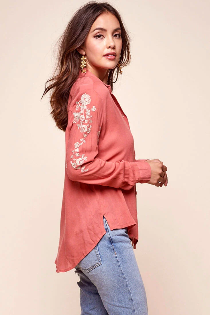 Issa Floral Sleeved Button Up Top Rust - Image 3