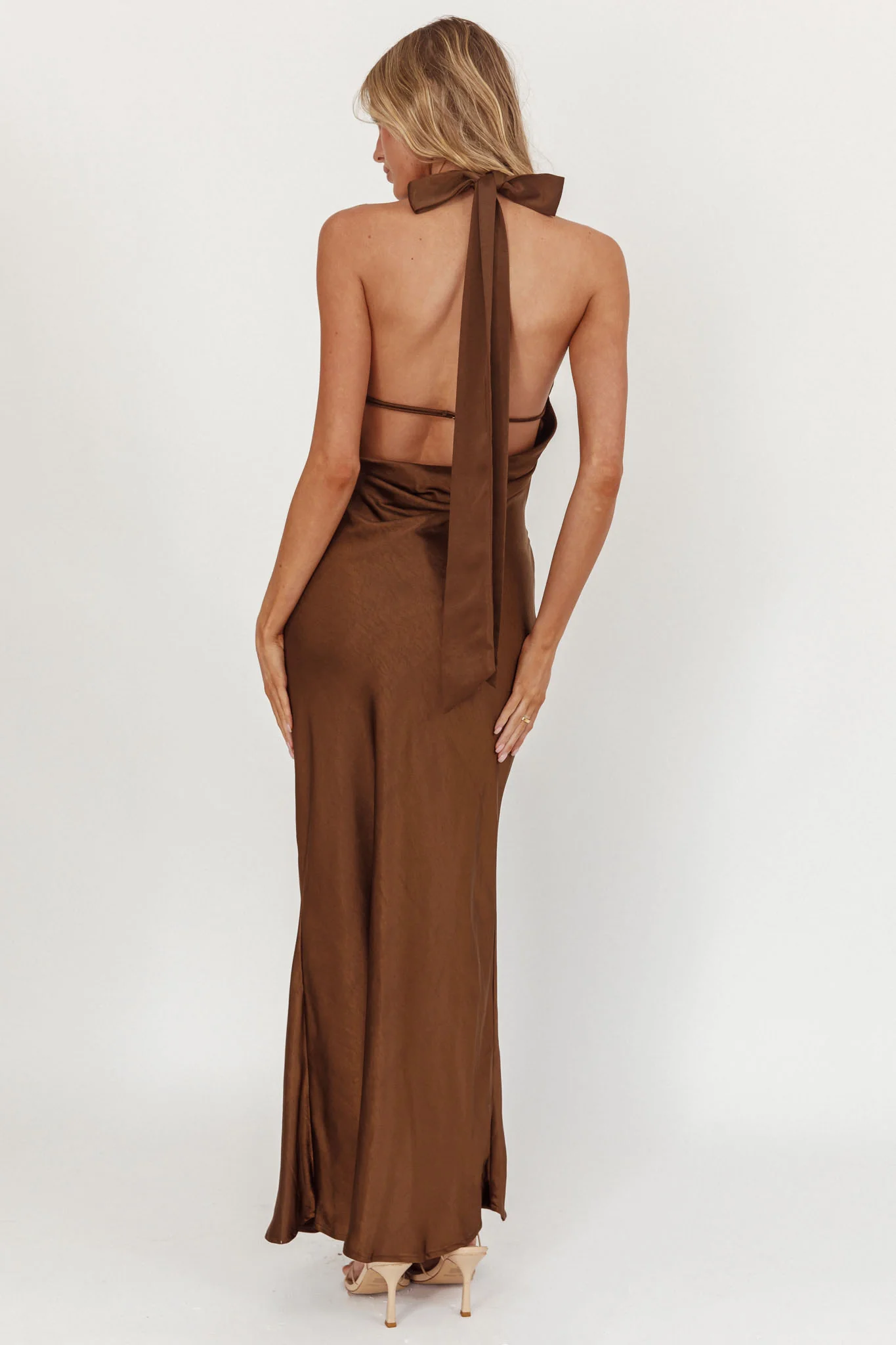 Italia Azure Crossover Halterneck Maxi Dress Chocolate - Image 2