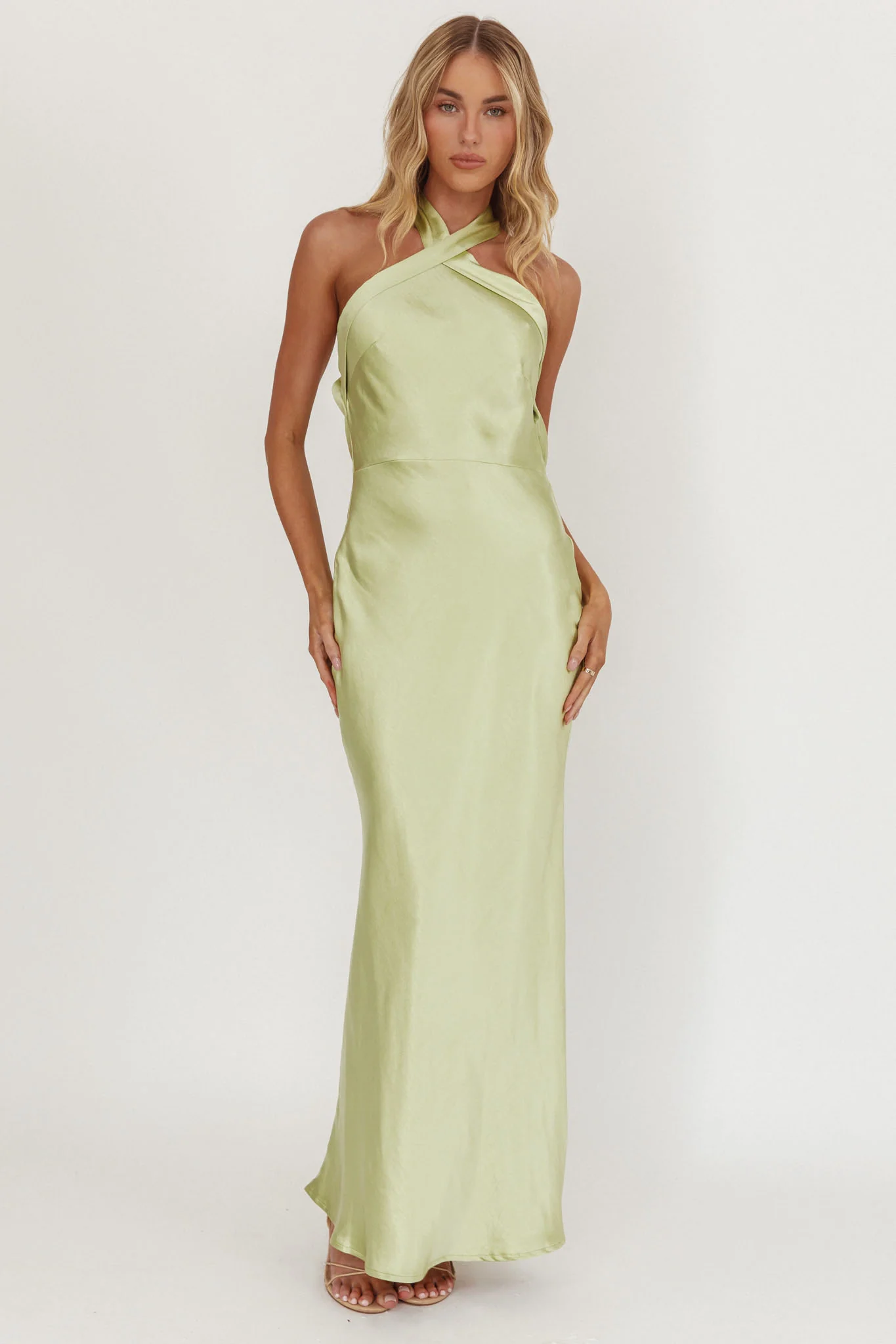 Italia Azure Crossover Halterneck Maxi Dress Pistachio - Image 4