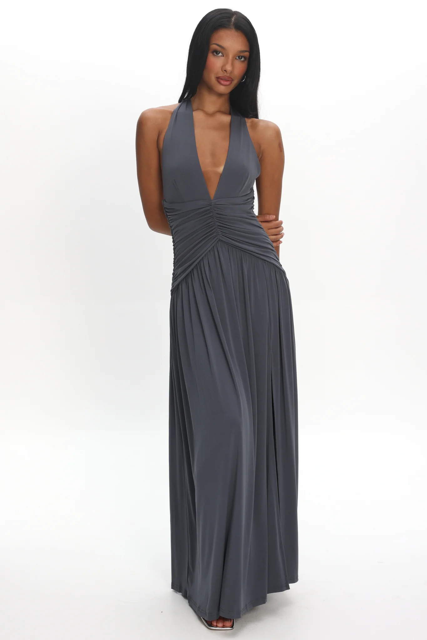 Italia Azure Gathered Waist Maxi Dress Charcoal - Image 2