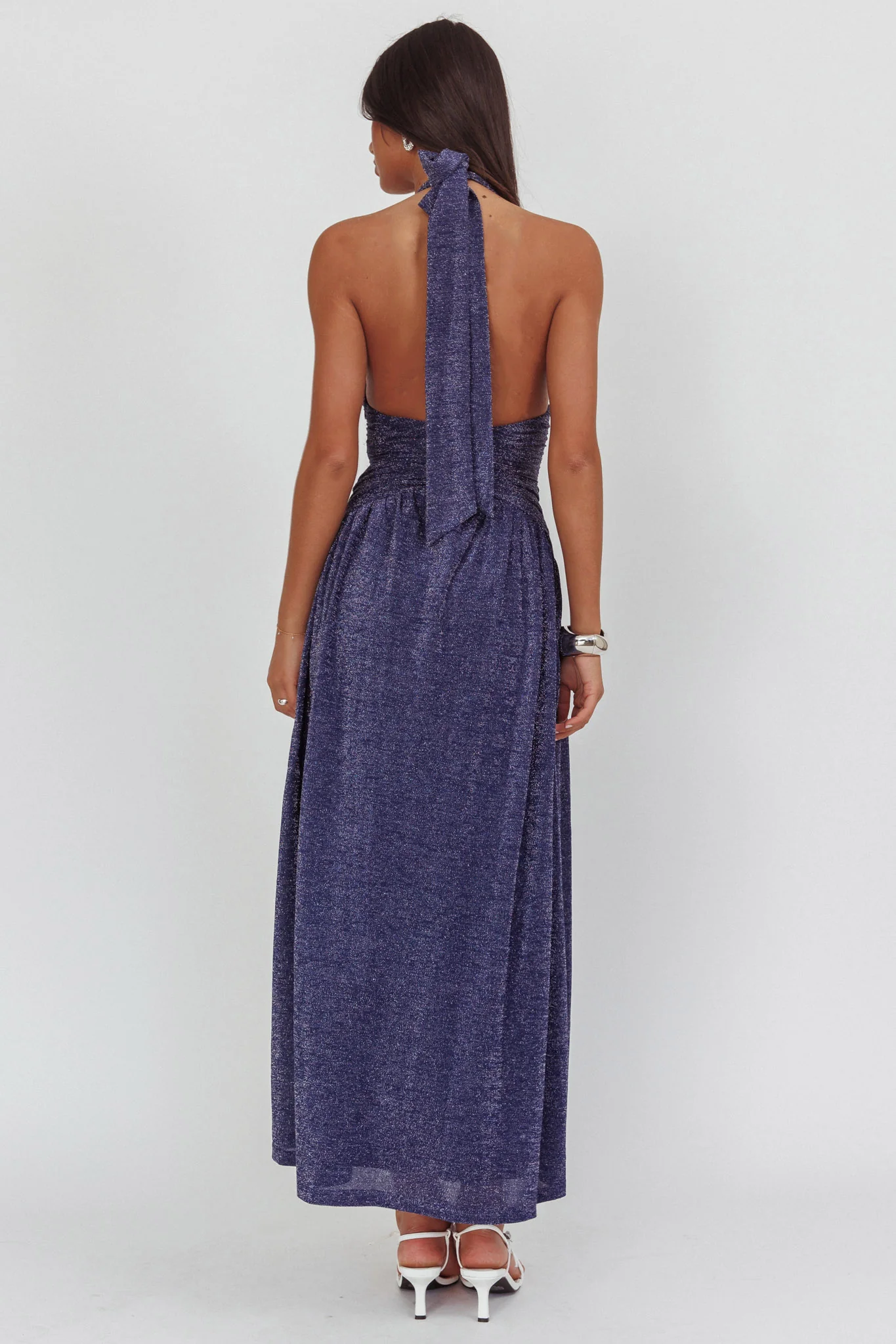 Italia Azure Gathered Waist Maxi Dress Shimmer Navy - Image 2