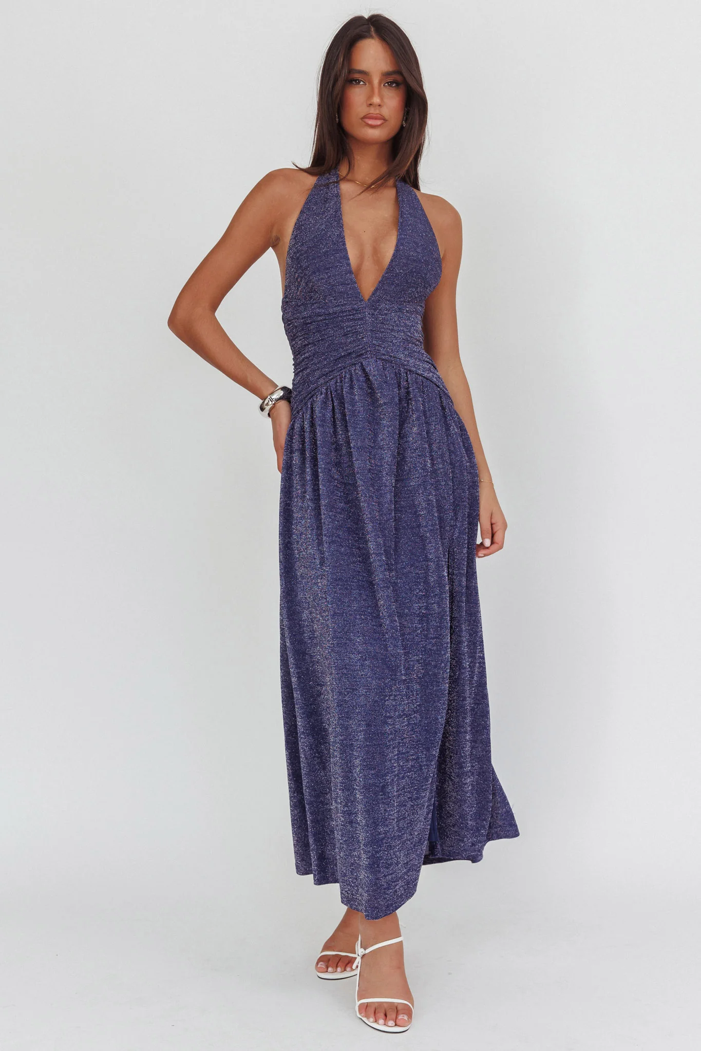 Italia Azure Gathered Waist Maxi Dress Shimmer Navy - Image 3
