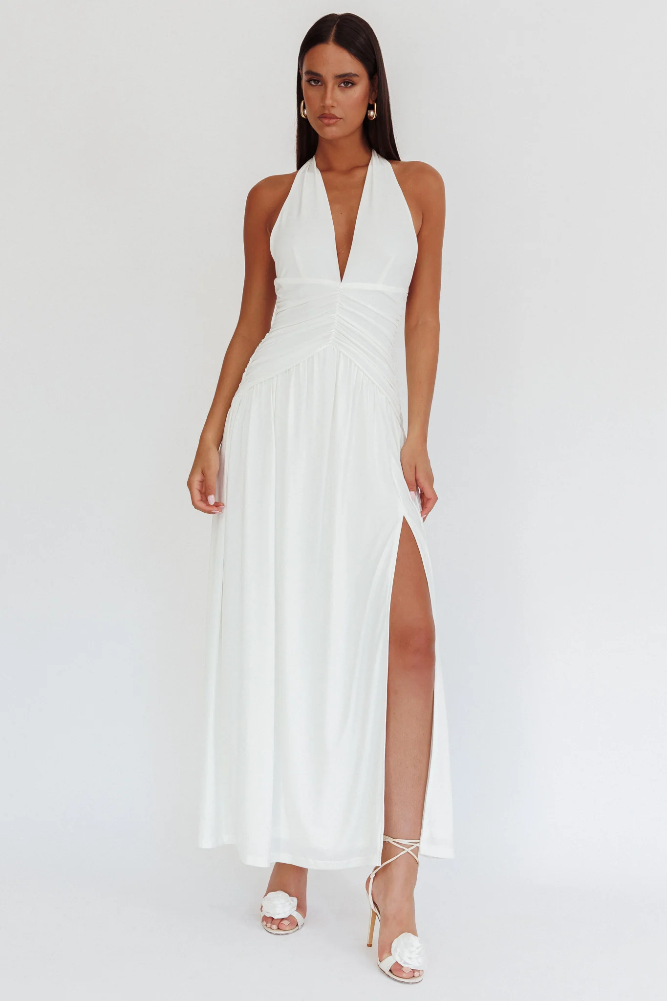 Italia Azure Gathered Waist Maxi Dress White - Image 5