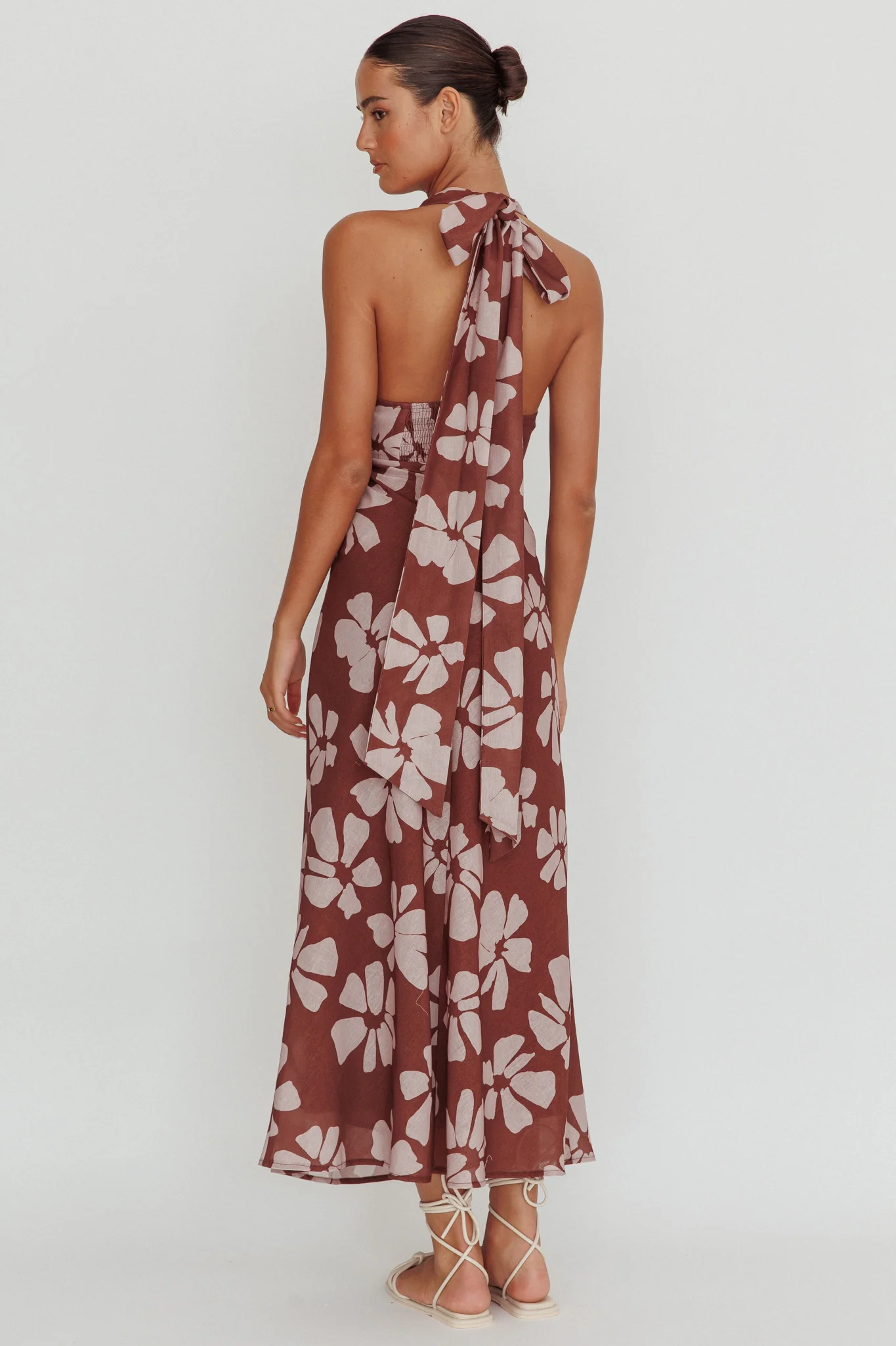 Italia Azure Halterneck Floral Maxi Dress Brown - Image 2