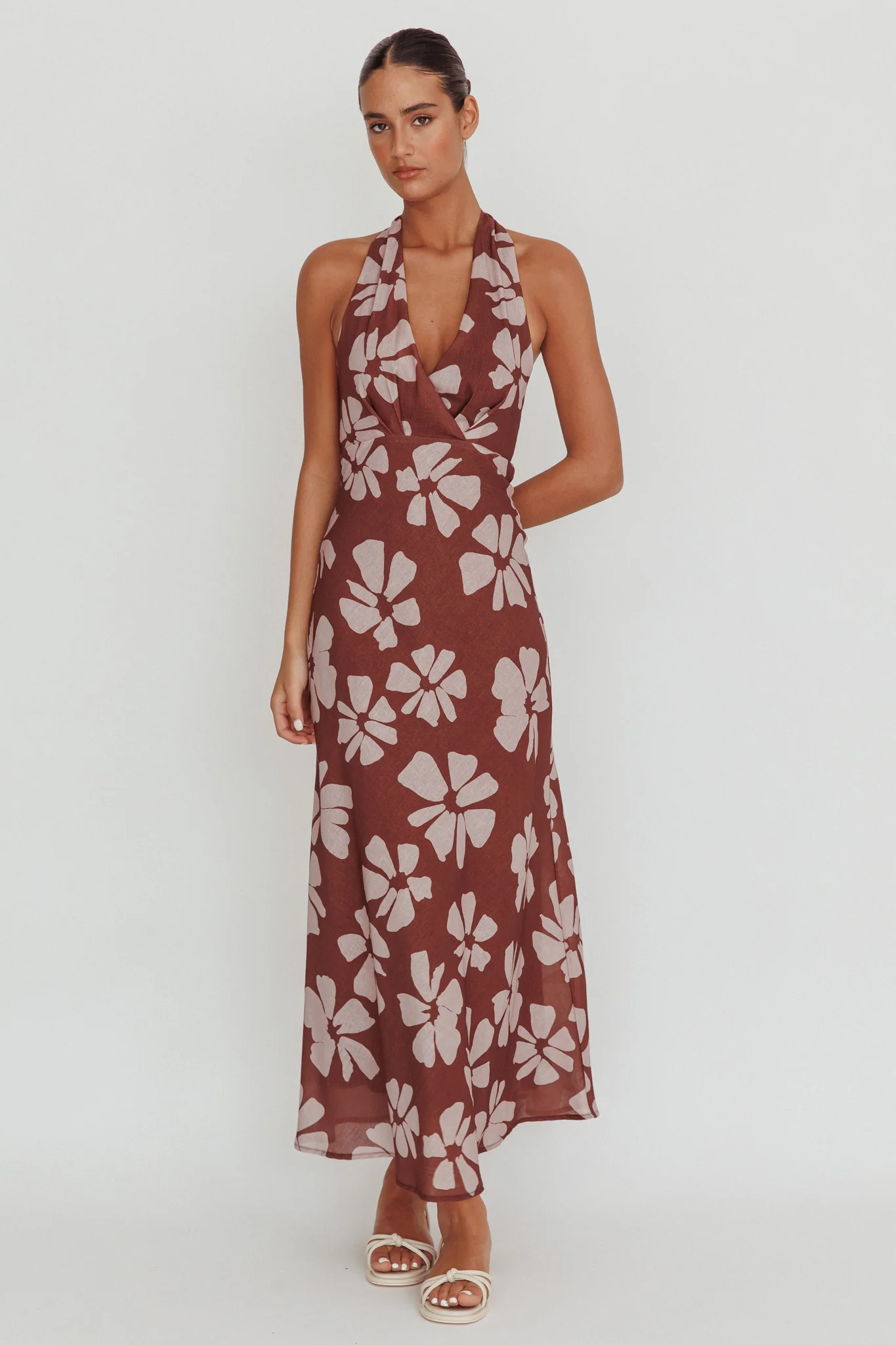 Italia Azure Halterneck Floral Maxi Dress Brown - Image 3
