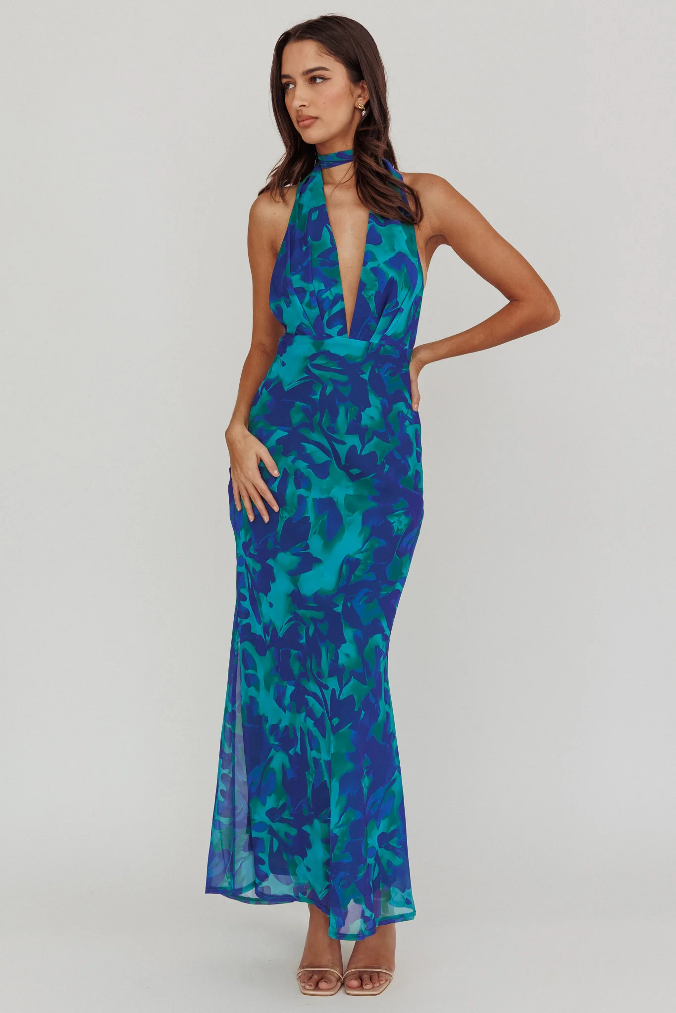Italia Azure Halterneck Maxi Dress Abstract Blue - Image 3