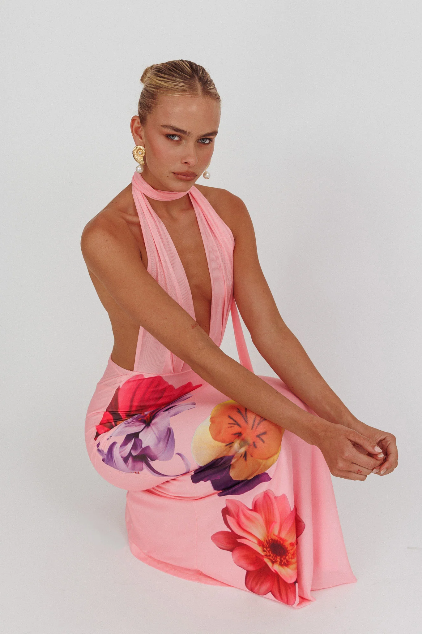 Italia Azure Halterneck Maxi Dress Flowers Pink - Image 2