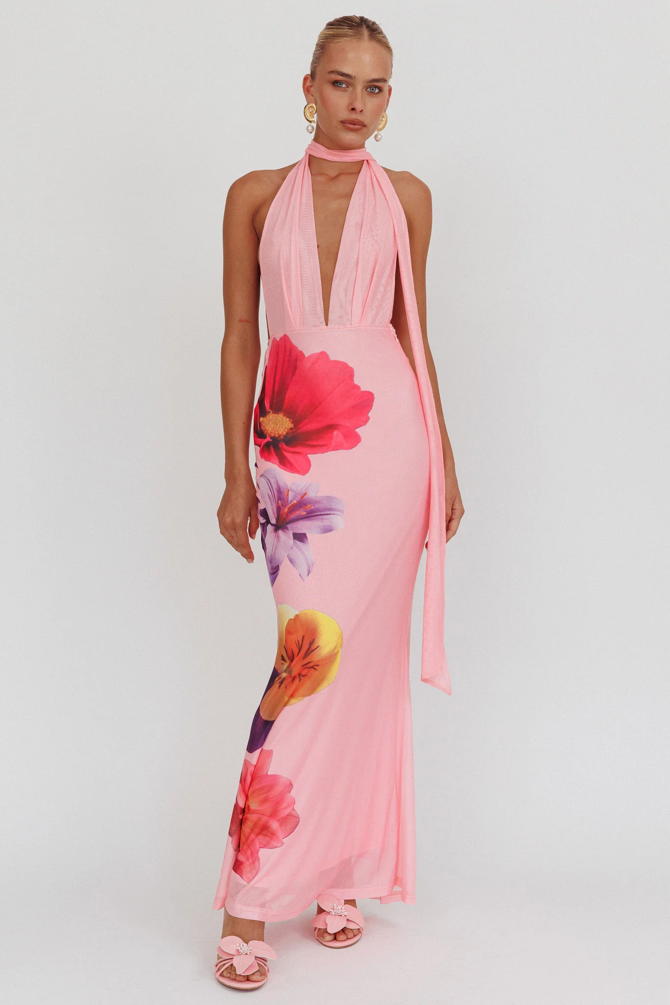 Italia Azure Halterneck Maxi Dress Flowers Pink - Image 5