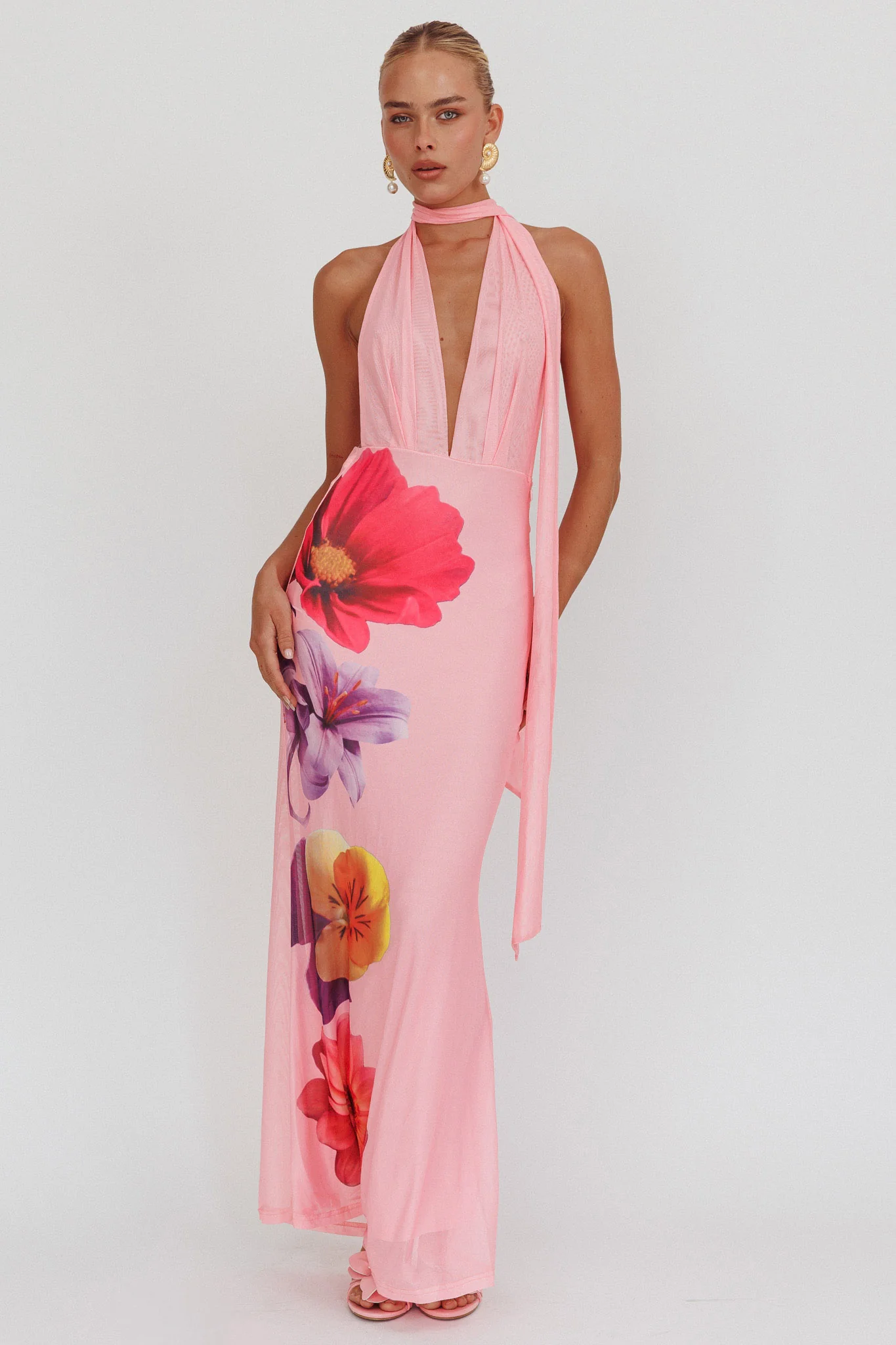 Italia Azure Halterneck Maxi Dress Flowers Pink - Image 6