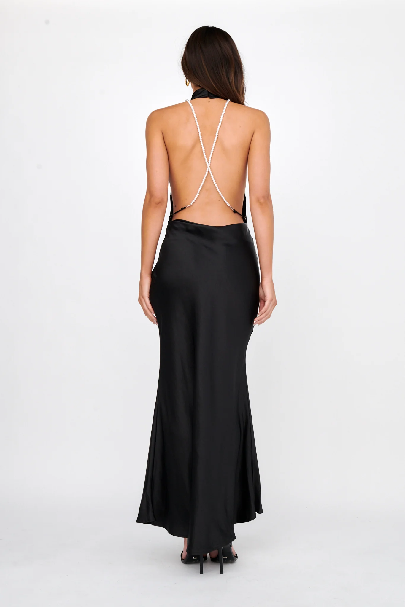 Italia Azure Halterneck Pearl Back Maxi Dress Black - Image 3