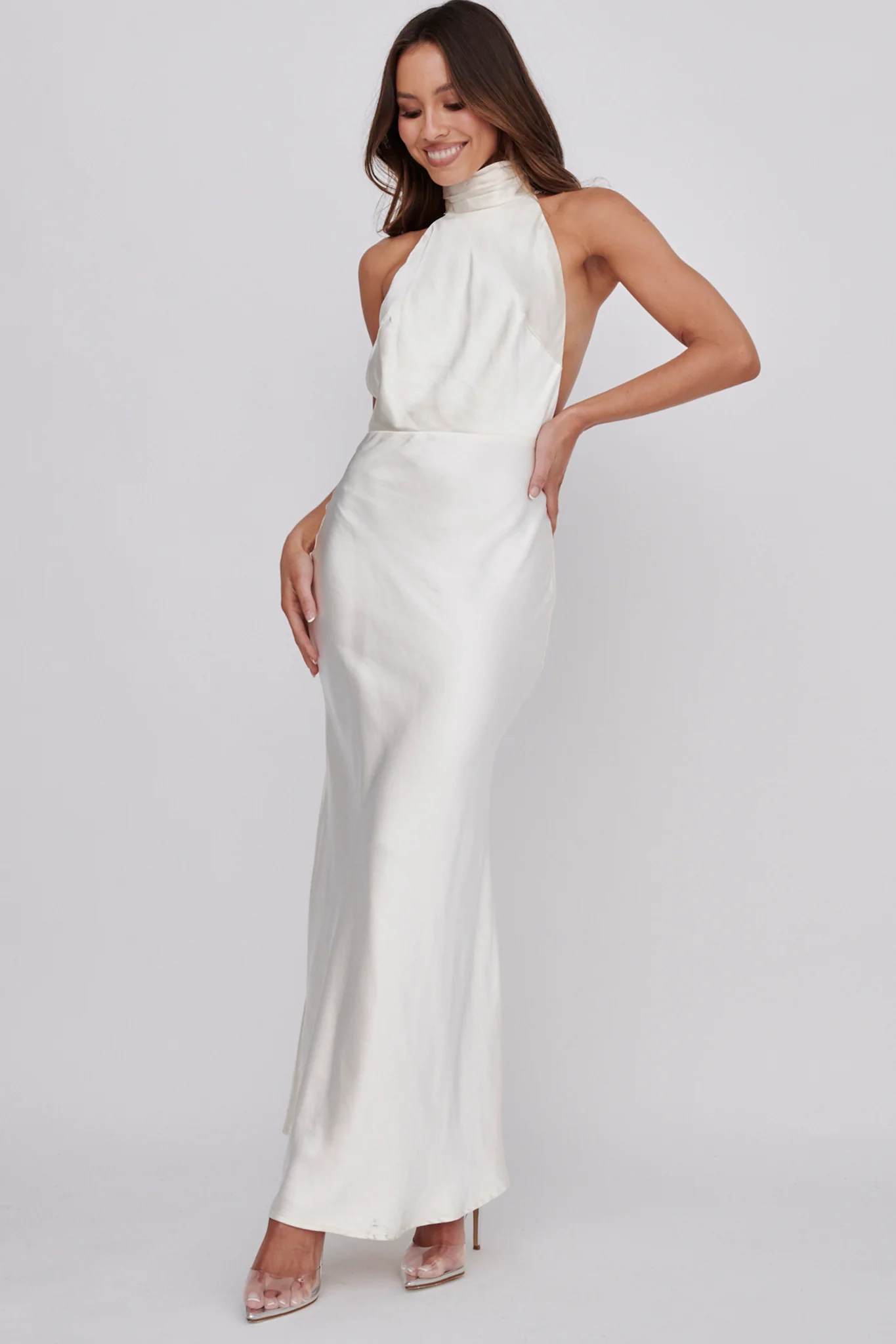 Italia Azure Halterneck Pearl Back Maxi Dress Oyster - Image 6