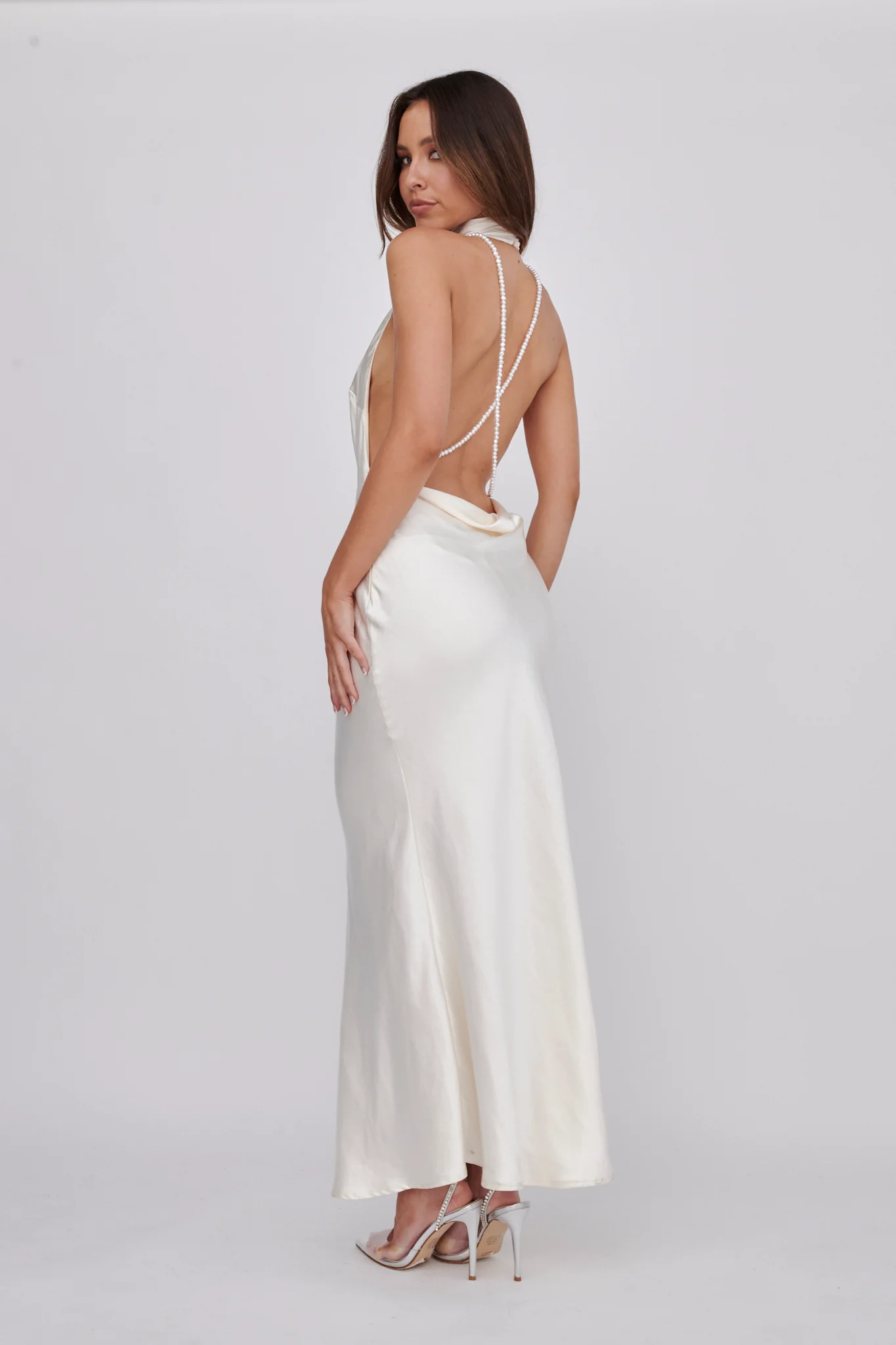 Italia Azure Halterneck Pearl Back Maxi Dress Oyster - Image 7