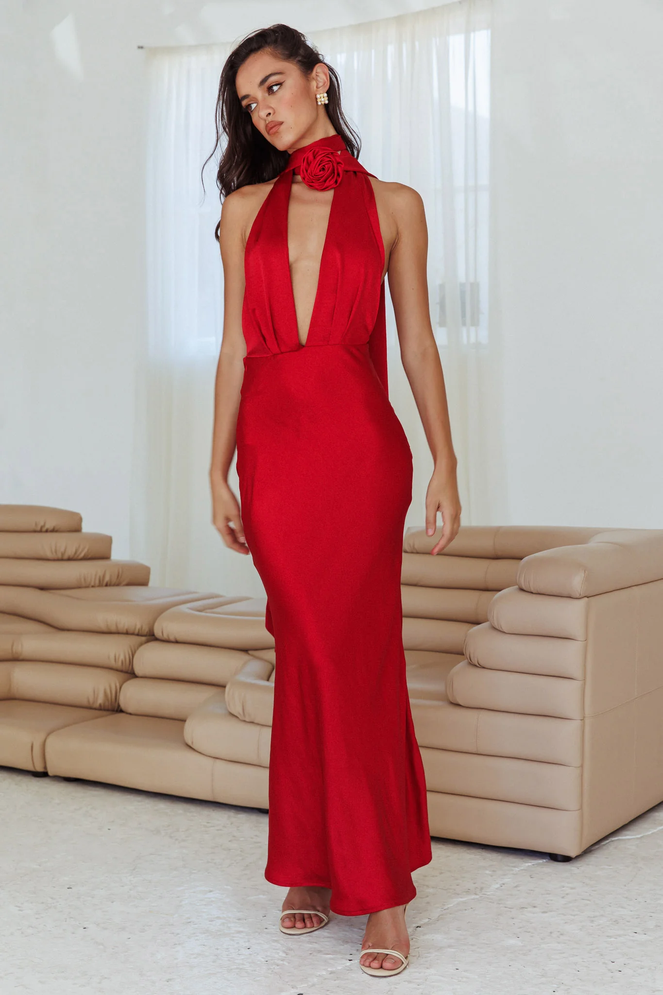Italia Azure Halterneck Rose Dress Cherry - Image 5