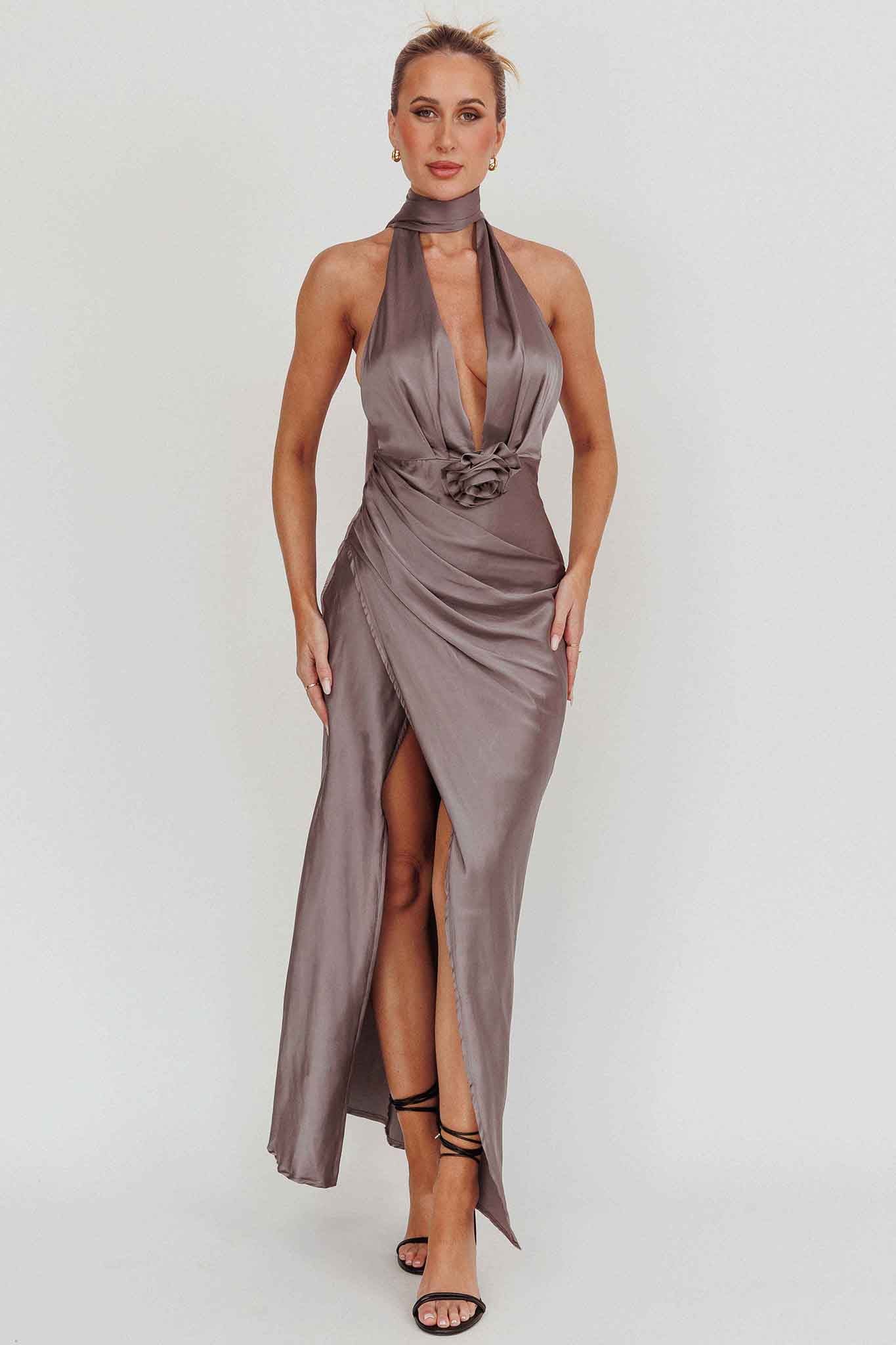 Italia Azure Halterneck Rosette Maxi Dress Grey - Image 4