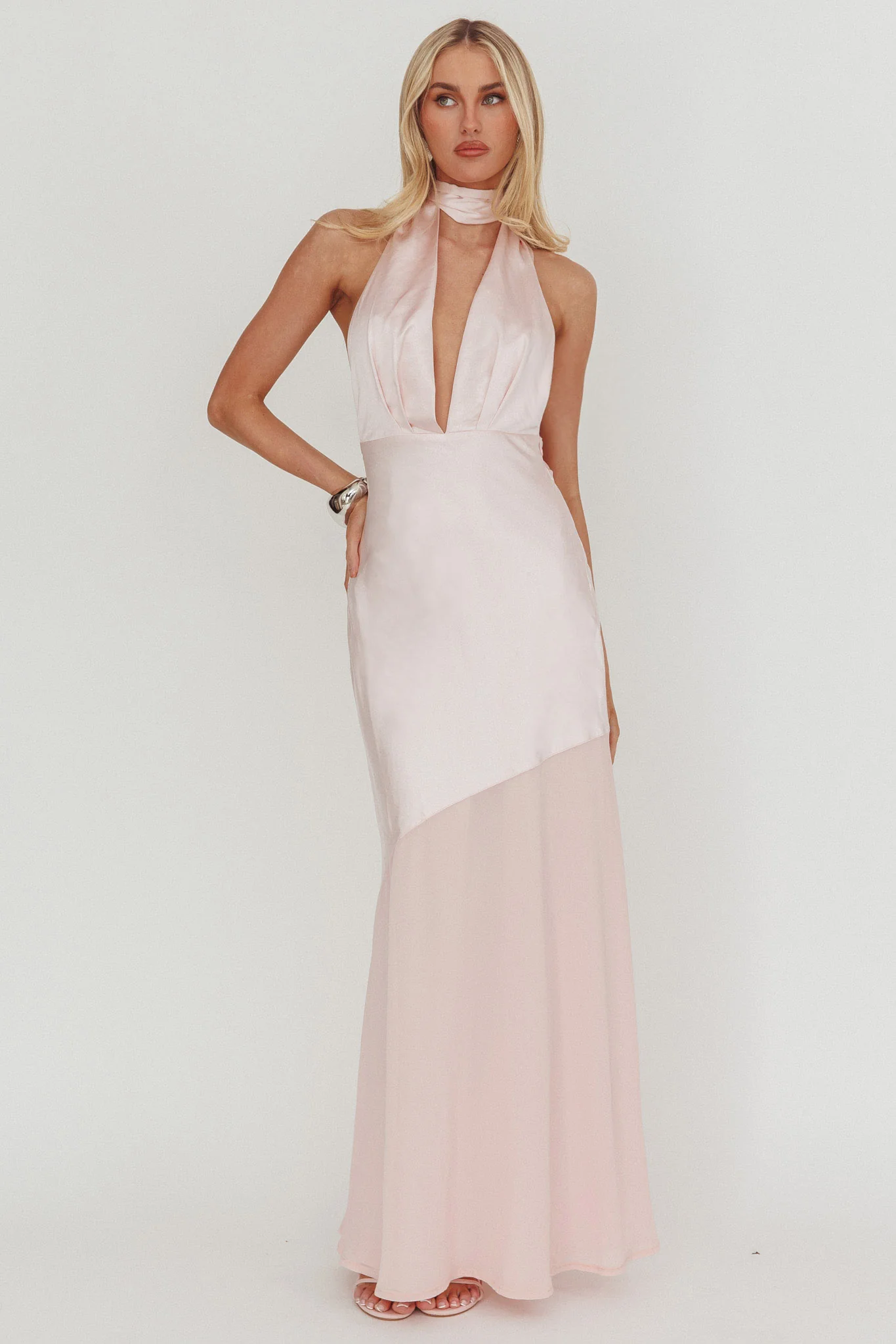 Italia Azure Halterneck Sheer Hem Maxi Dress Blush - Image 2