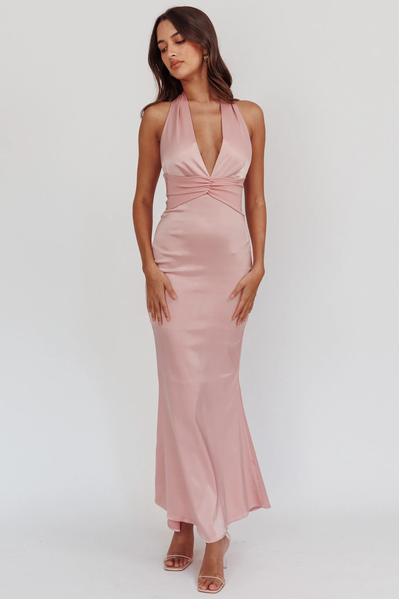 Italia Azure Pleat Bodice Halterneck Maxi Dress Blush - Image 6