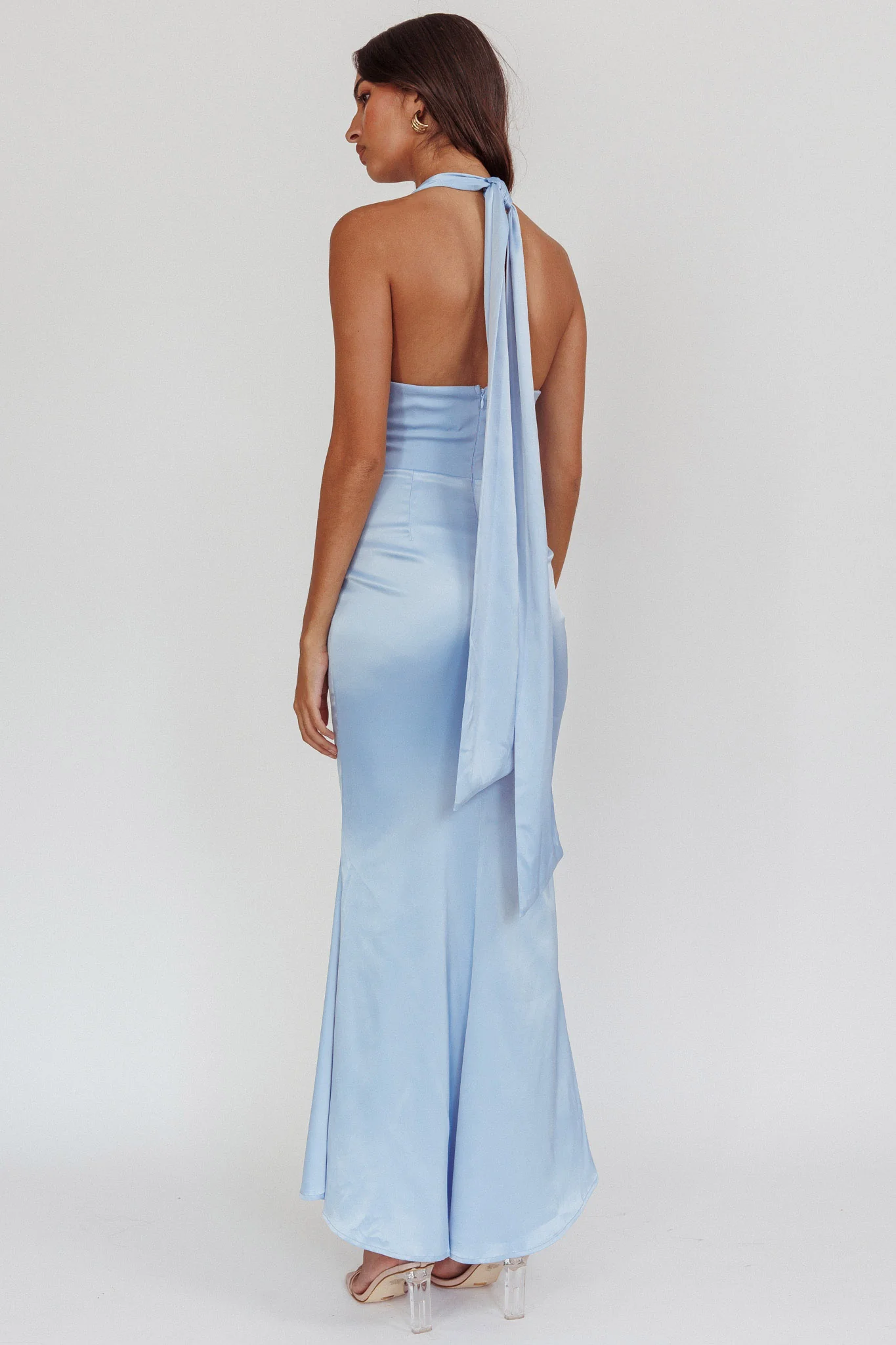 Italia Azure Pleat Bodice Halterneck Maxi Dress Light Blue - Image 3