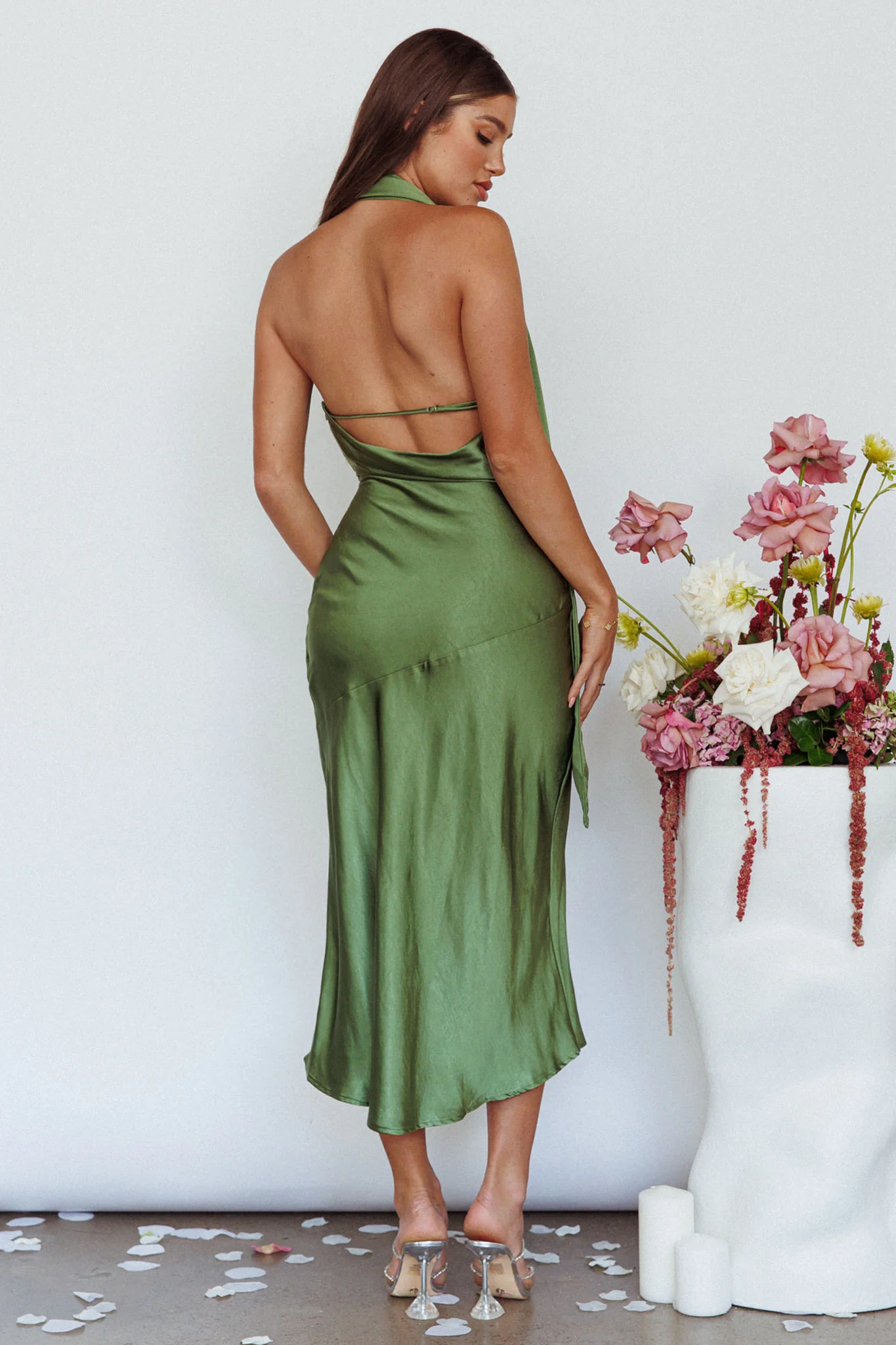Italian Summer Tie Neck Midi Dress Olive - Image 2