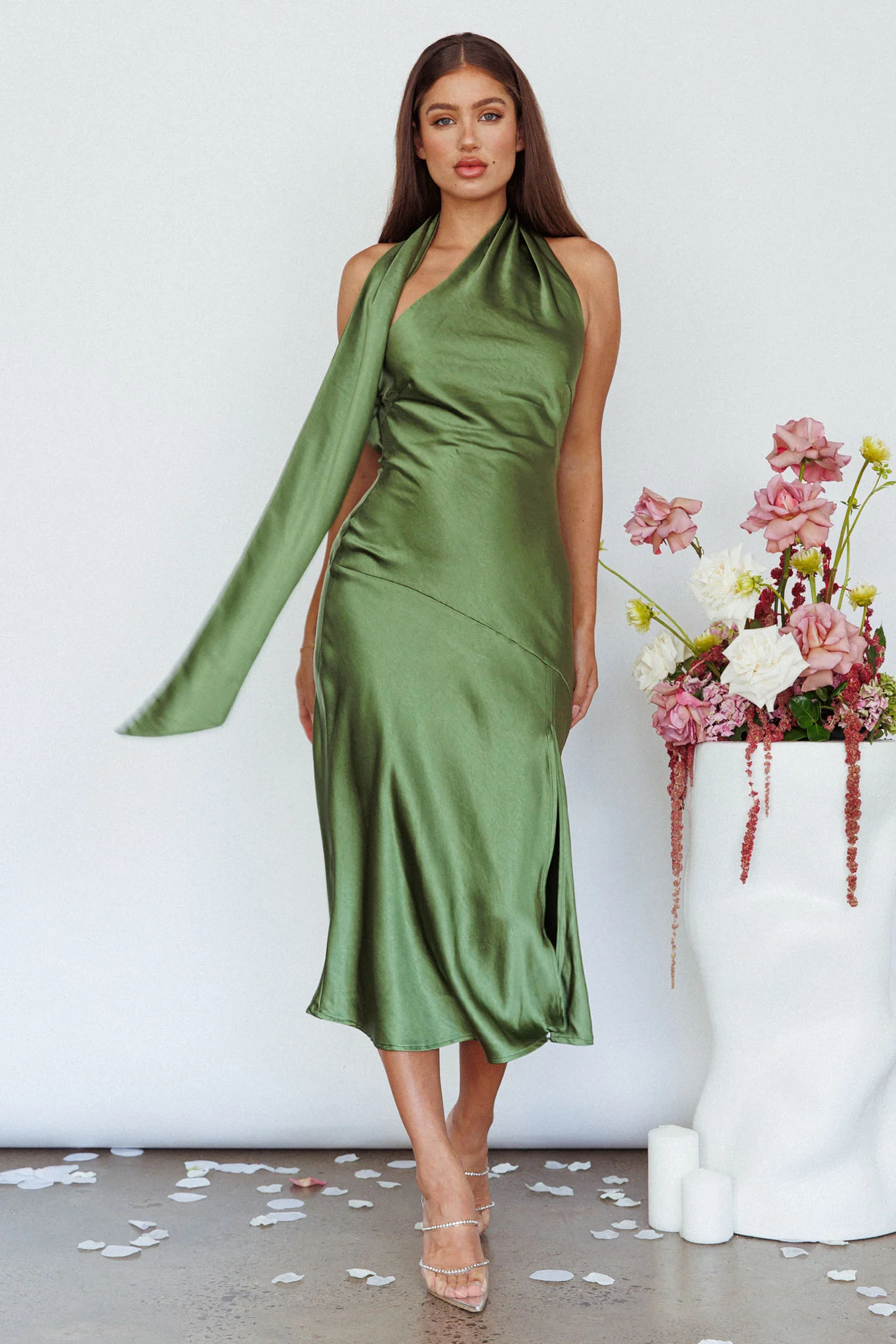 Italian Summer Tie Neck Midi Dress Olive - Image 3