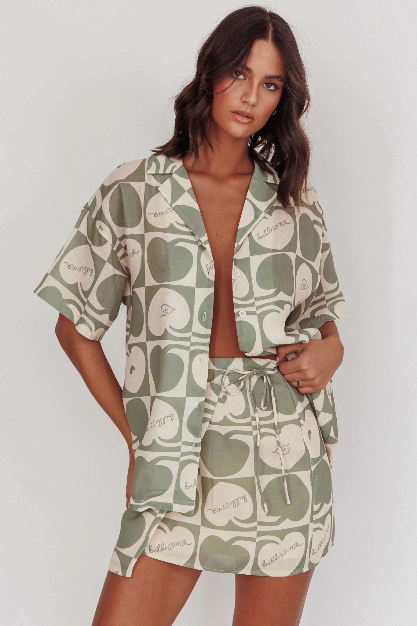 Ithaca Cherry Print Mini Wrap Skirt Sage Beige - Image 2