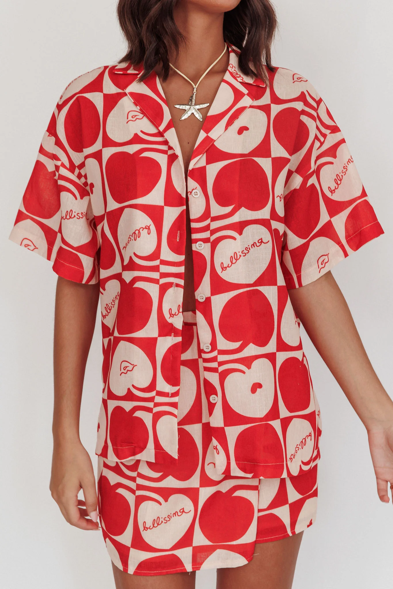 Ithaca Cherry Print Short Sleeve Shirt Red Beige - Image 5