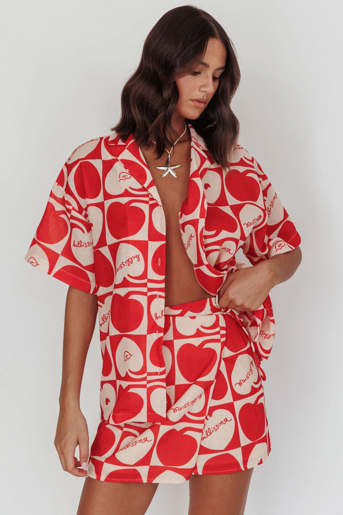 Ithaca Cherry Print Short Sleeve Shirt Red Beige - Image 6