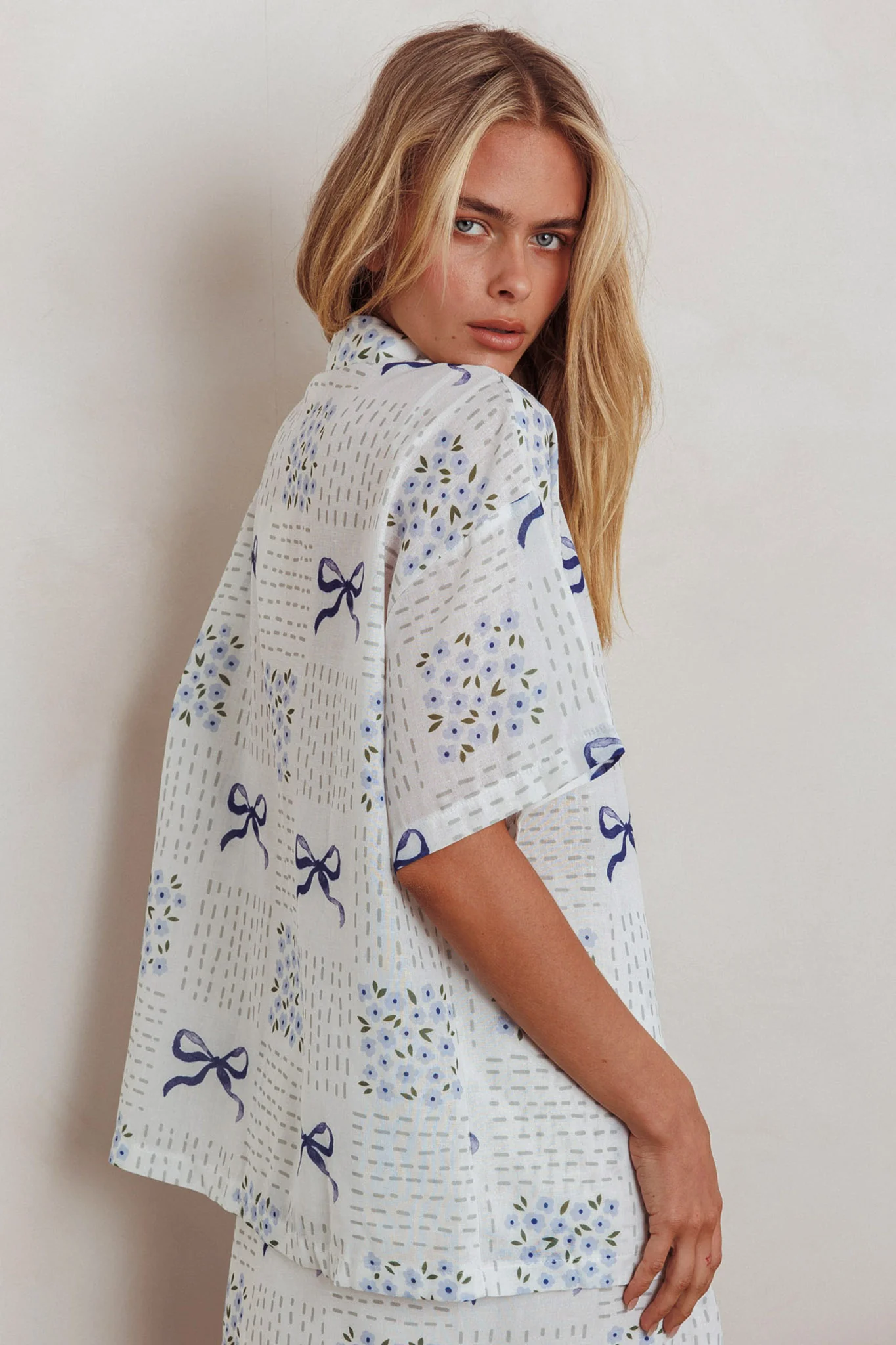 Ithaca Short Sleeve Button Shirt Bow Print Blue - Image 3