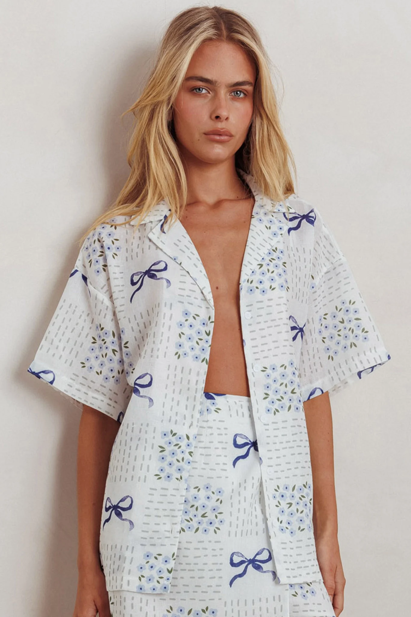 Ithaca Short Sleeve Button Shirt Bow Print Blue - Image 6
