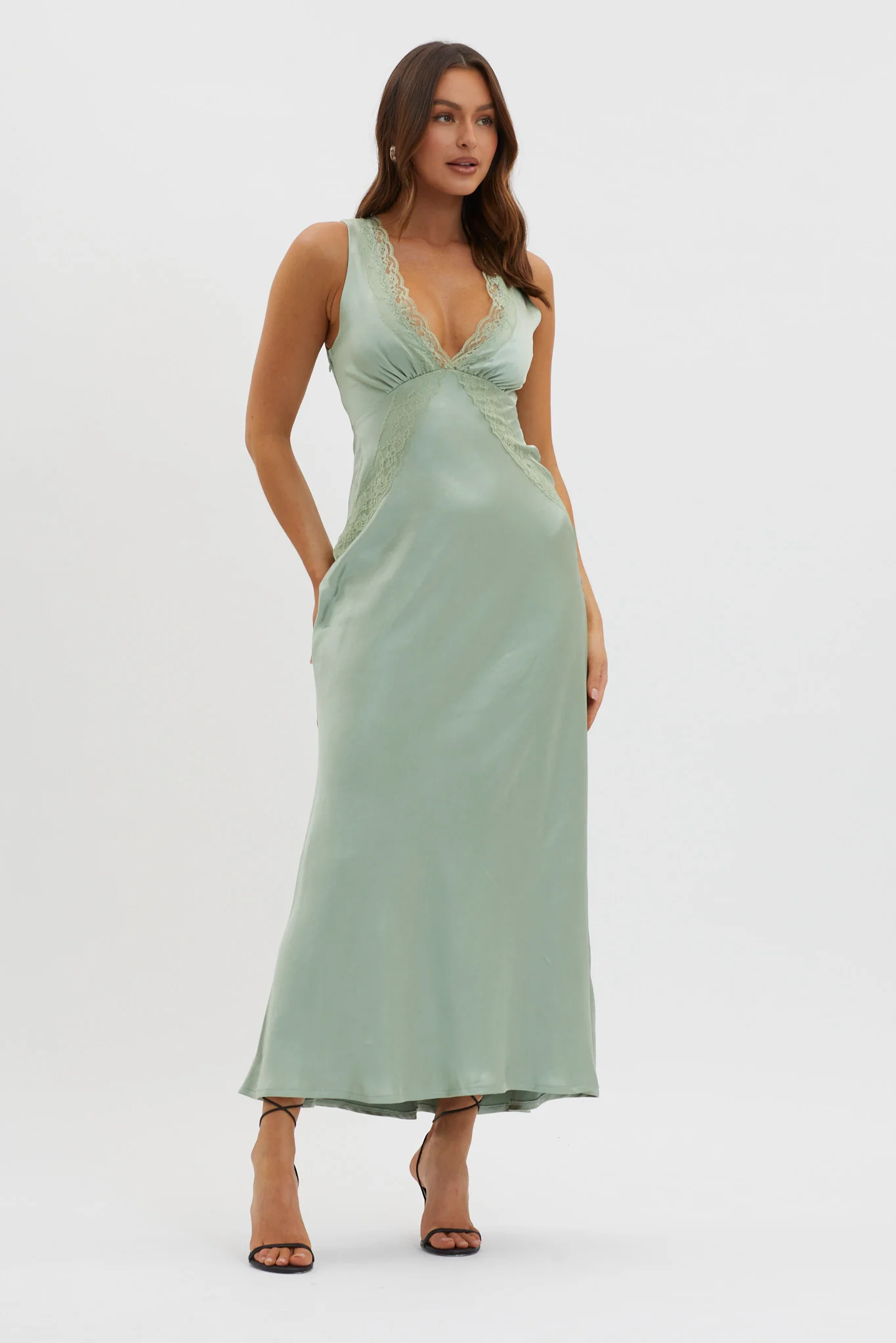 Ivonne Lace Trim V-Neck Maxi Dress Sage - Image 5