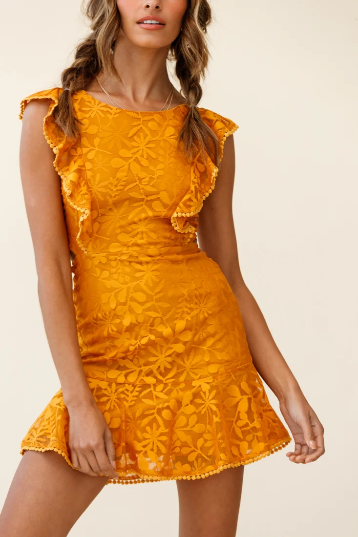 Jackie Pinafore Floral Mesh Dress Mustard - Image 3
